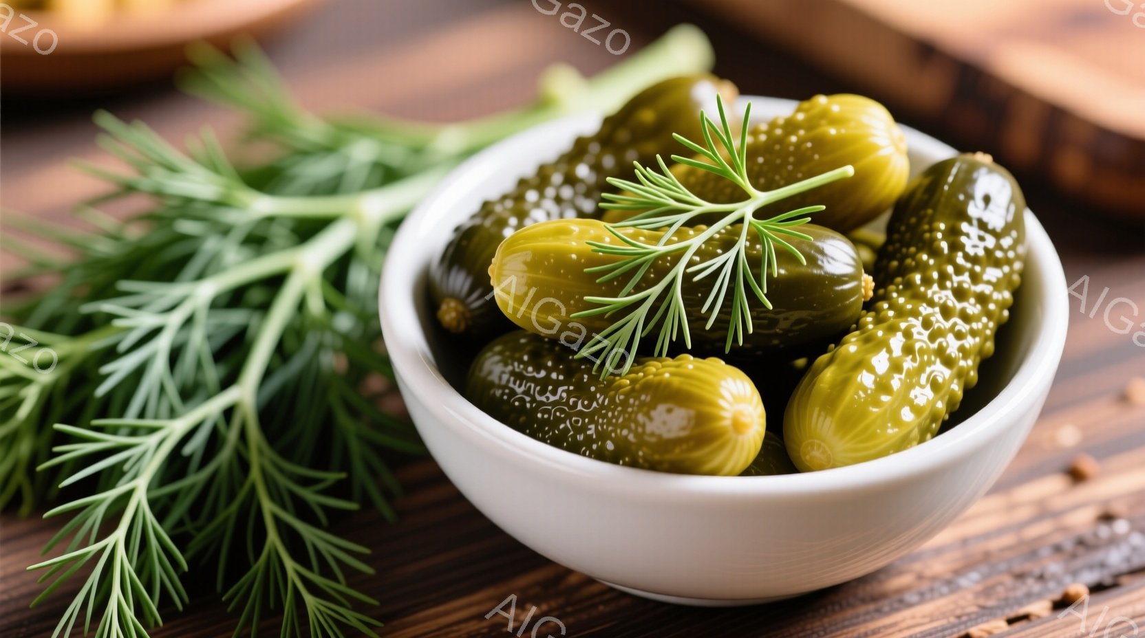 白いボウルに、小さく、しわくちゃになった緑色のピクルスが盛られています。鮮やかな緑のディルがボウルの横に添えられ、木製のテーブルの上に置かれています。全体的に、シンプルで自然な雰囲気で、食欲をそそる盛 - AI生成フリー素材