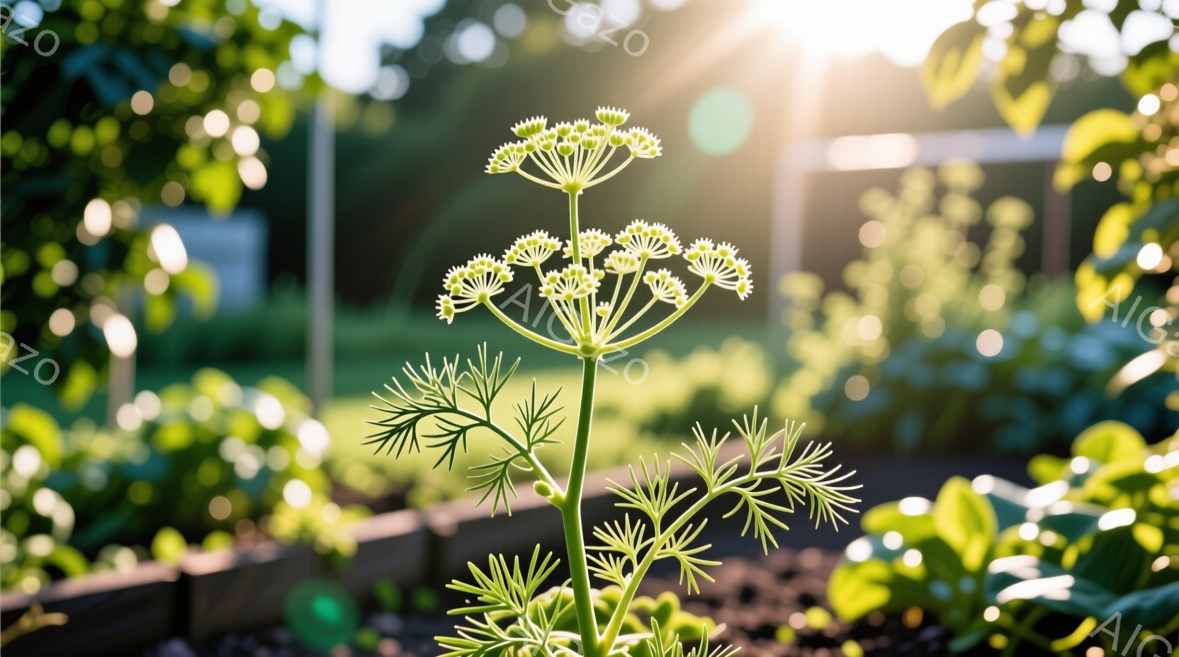 庭の菜園で、ダイコンの花が咲き誇っています。朝日が差し込み、緑豊かな葉と白く小さな花が照らされ、植物の繊細な美しさを際立たせています。背景には、ぼやけた緑の植物と木製の菜園枠が見え、穏やかで自然な雰囲気が漂っています。