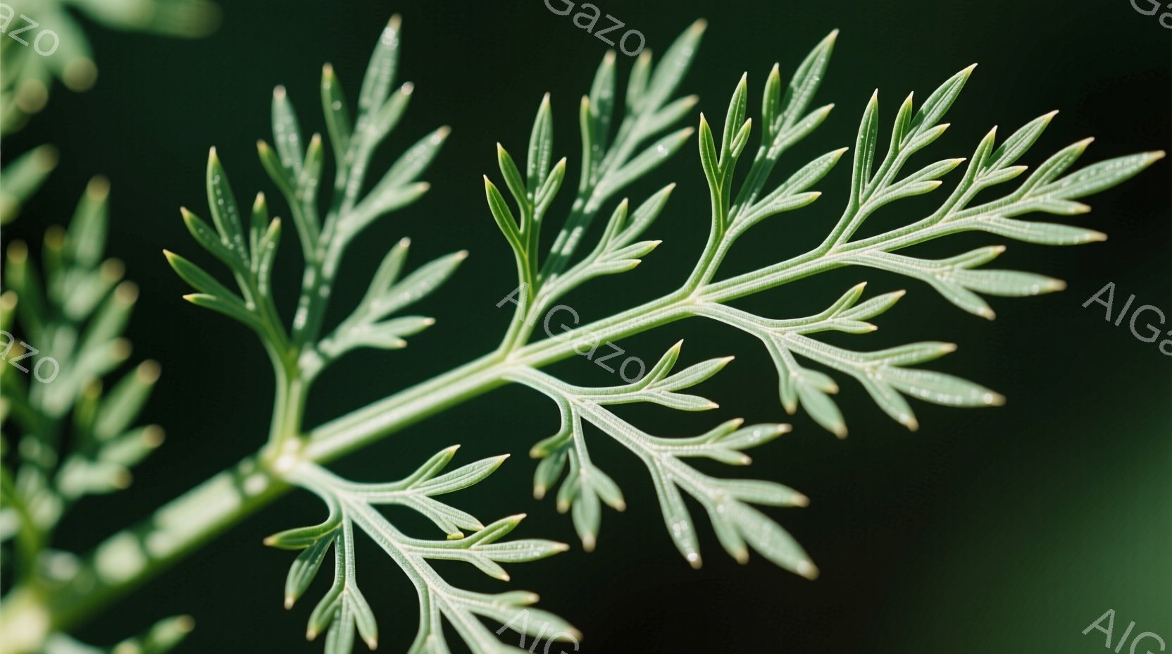 細かく分かれた葉を持つ植物のクローズアップです。葉は淡い緑色で、繊細な網目模様が見られ、朝露のような小さな水滴が葉の表面に付着しています。背景は暗い緑色で、葉の鮮やかさを際立たせており、全体的に静かで - AI生成フリー素材