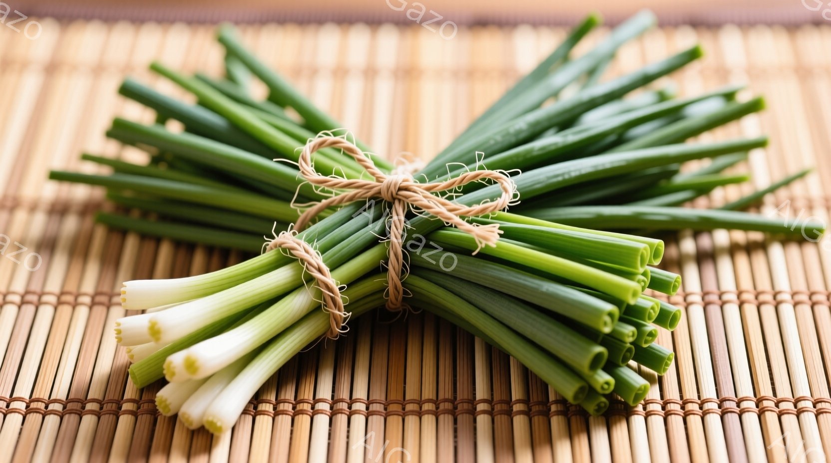 長ネギが束ねられて、ざっくりとした麻紐で結ばれている。背景は細い竹編みのマットで、長ネギの鮮やかな緑色とマットの自然な色合いが対照的である。全体的にシンプルで素朴な雰囲気であり、新鮮な食材の魅力を引き立てている。