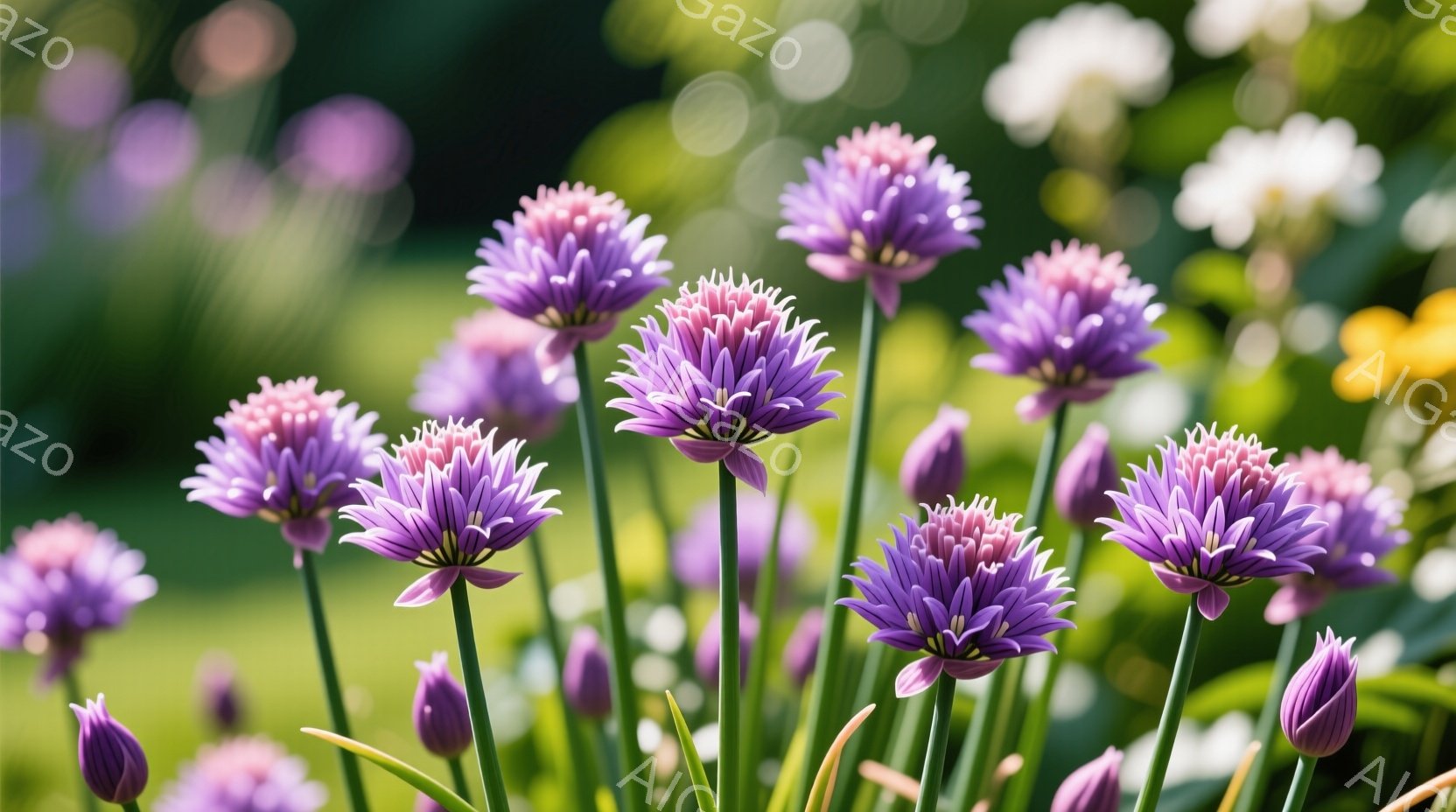紫色の玉ねぎのような花が密集して咲き誇り、緑色の細長い茎が茎を支えている。背景はぼやけた緑色の植物で、光が差し込んで明るい庭園の雰囲気が漂う。全体的に、鮮やかで穏やかな自然の美しさを表現した一枚である。