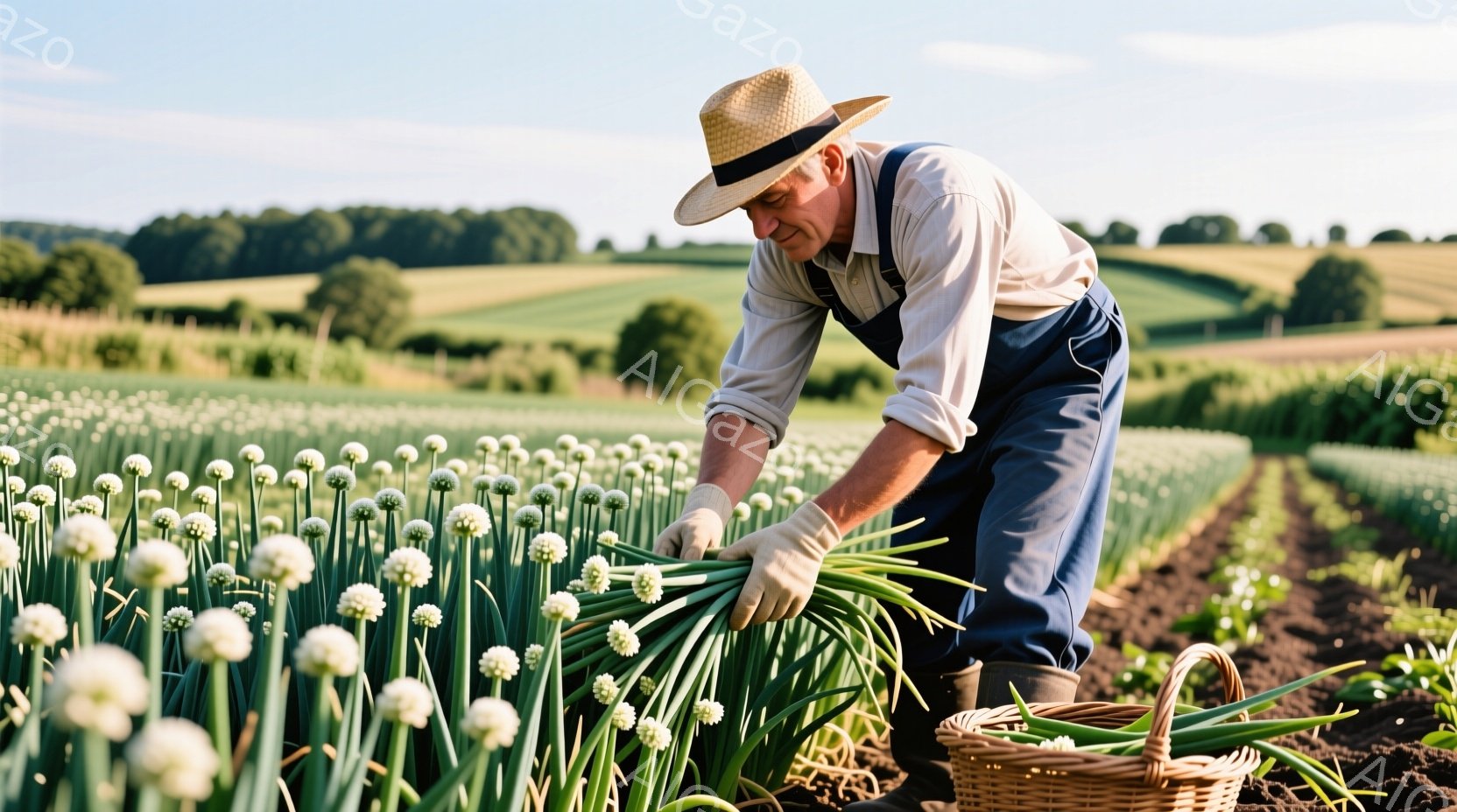 麦わら帽子とオーバーオール姿の男性が、白い花を咲かせたネギ畑で収穫作業をしている。彼はかがみこんでネギを手に取り、隣に置かれた籠に丁寧に収めている様子で、表情は真剣かつ穏やかだ。背景には緑豊かな畑が広 - AI生成フリー素材