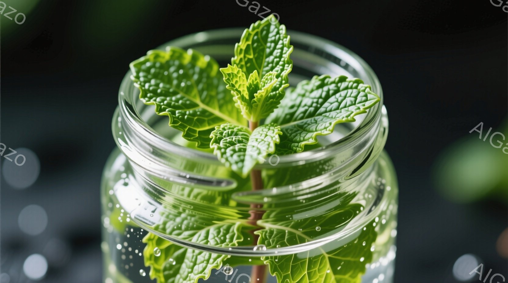 透明なガラスの瓶の中に、鮮やかな緑色のミントの葉と茎が浸かっている様子が写っている。瓶の中には水が満たされ、小さな泡が浮遊しており、葉は水中で生き生きと輝いている。背景は暗いグレーで、ぼかしが入っており、ミントの葉と水が際立って見える。