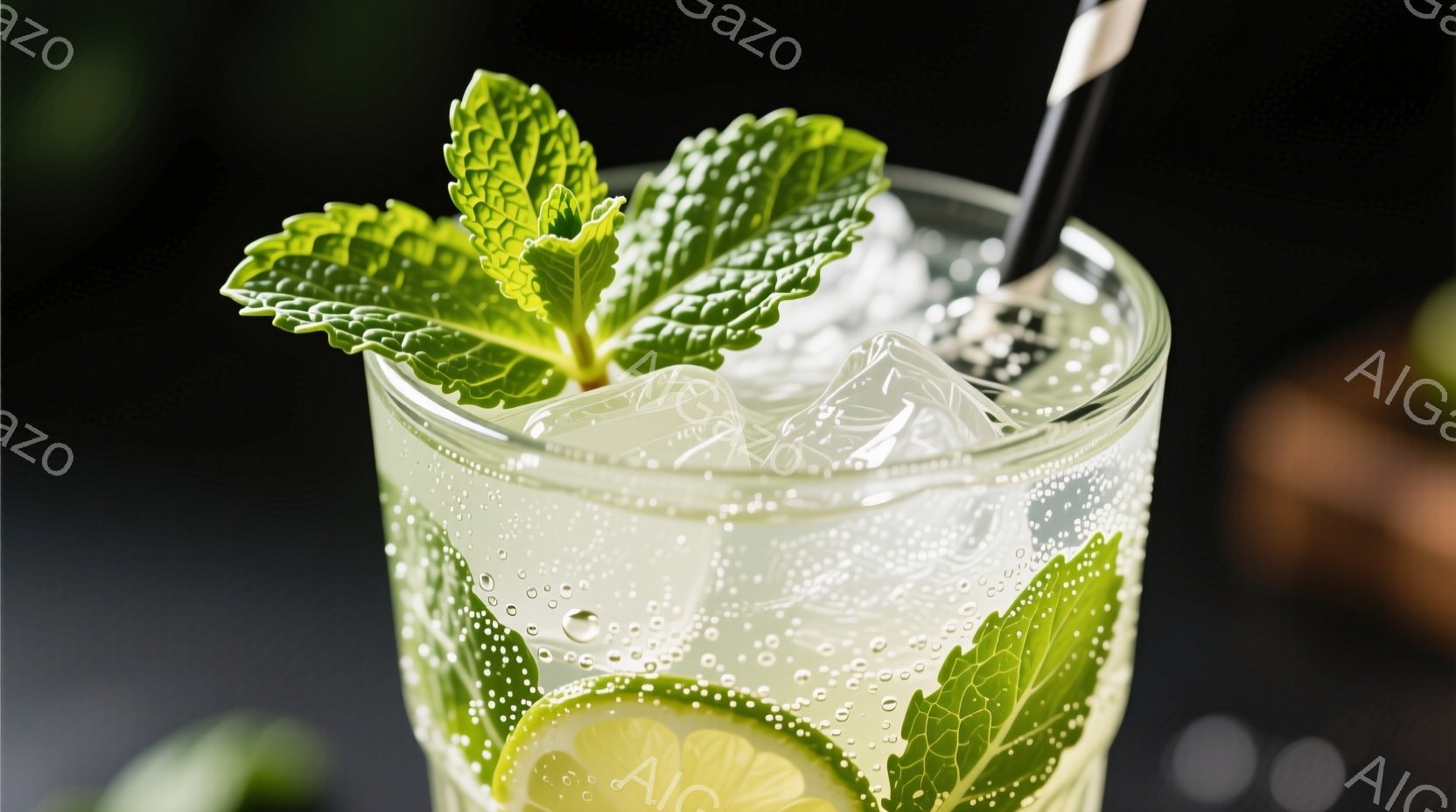氷とライム、ミントが入ったグラスのドリンクが写っています。グラスには炭酸飲料が満たされ、ミントの葉が鮮やかに飾られています。背景は暗く、焦点がドリンクに当てられています。