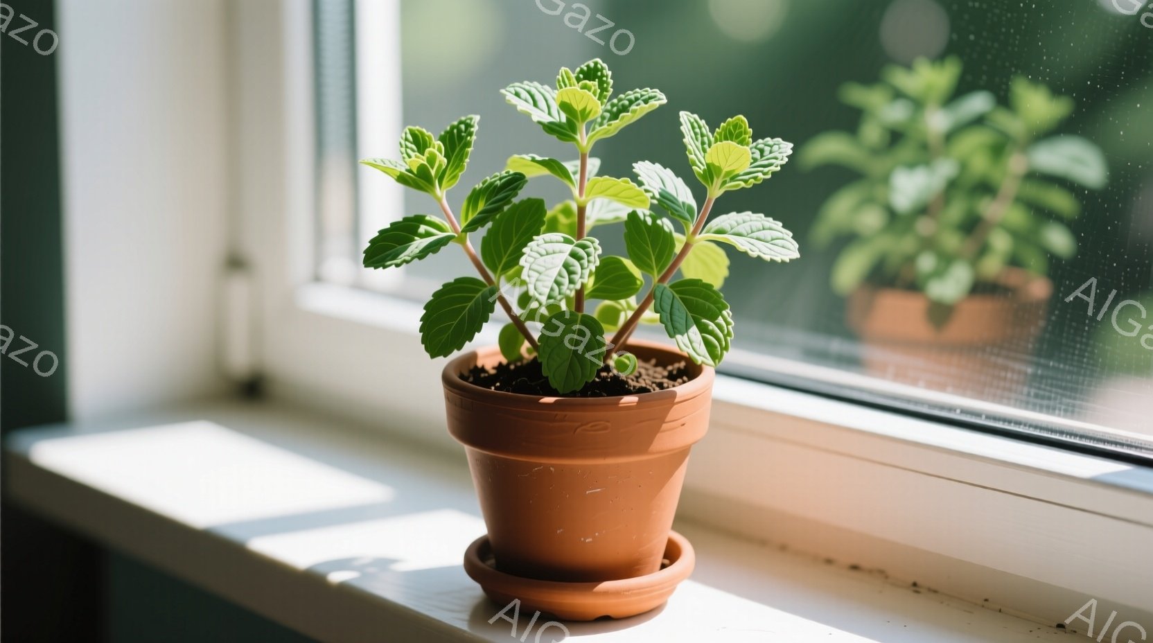 窓辺に置かれたテラコッタの鉢に入った植物が写っている。葉は鮮やかな緑色で、明るい日光が当たっているため、葉脈がはっきりと見える。背景はぼやけており、自然光が差し込み、穏やかで落ち着いた雰囲気を醸し出し - AI生成フリー素材