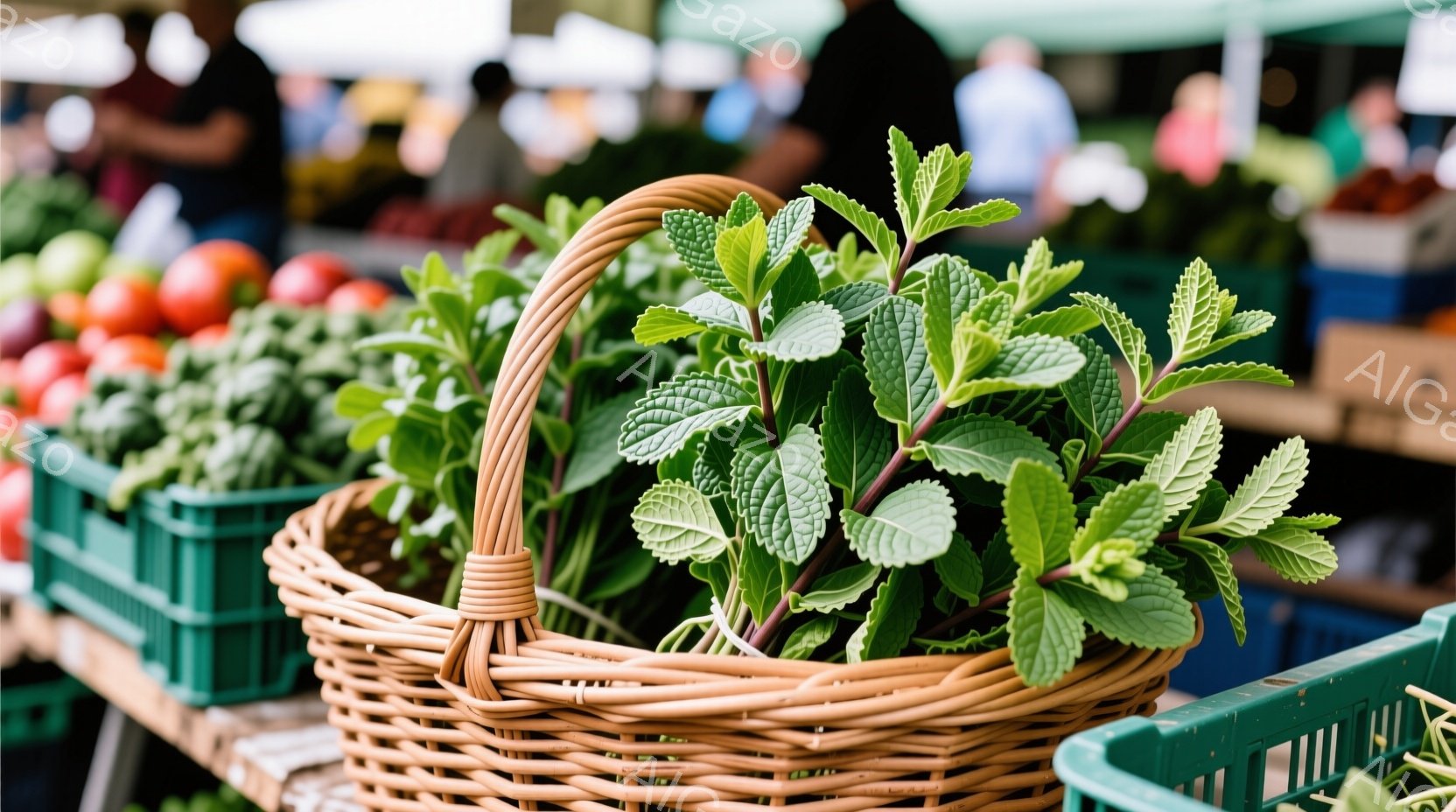 籠の中に鮮やかな緑色のミントがぎっしりと詰まっており、その鮮やかさが目を引きます。背景には、緑色のプラスチック製の箱と、ぼやけた人影、そして屋根が見え、市場の一角の活気を感じさせます。全体的に、新鮮な - AI生成フリー素材
