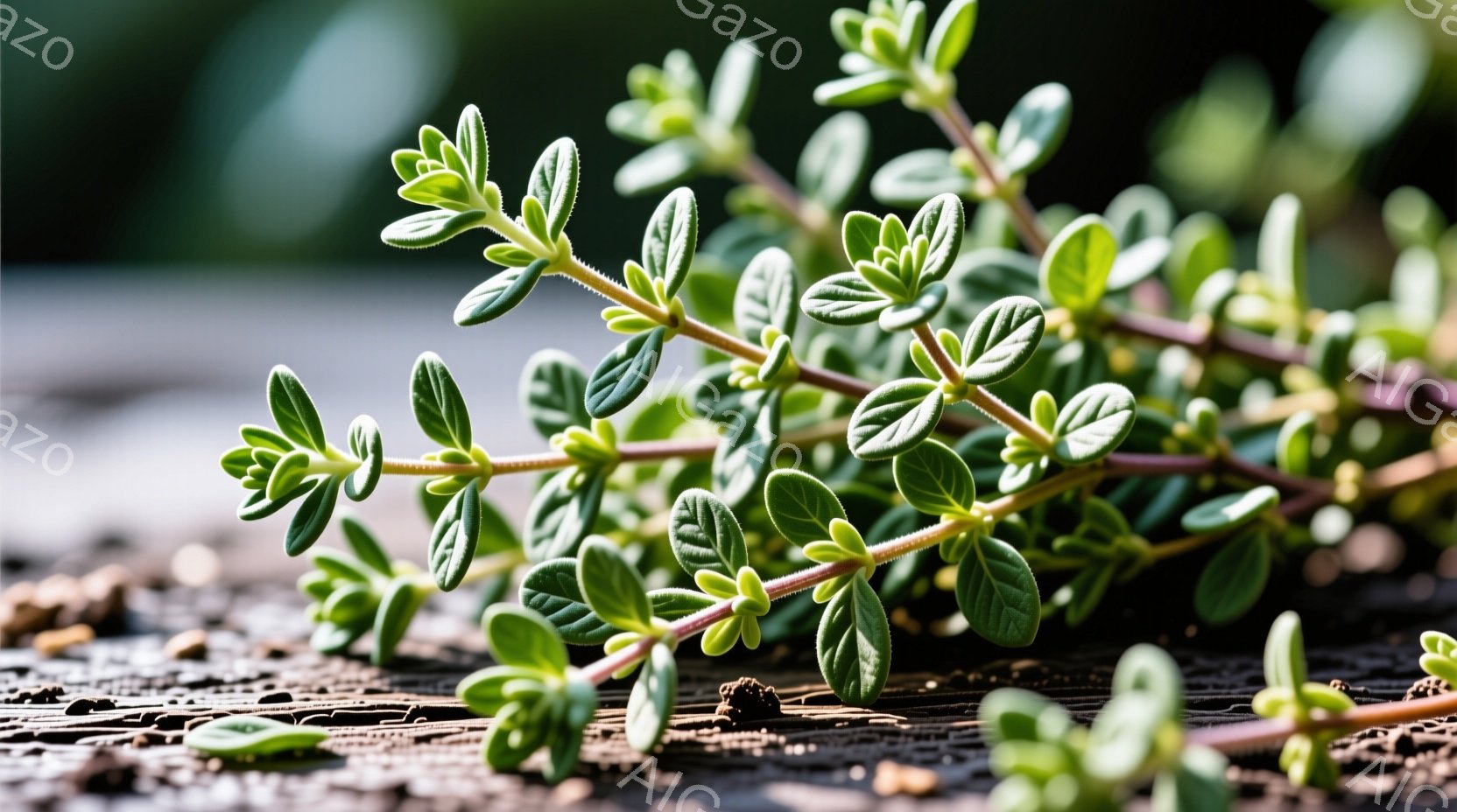 鮮やかな緑色の葉を持つ植物が、暗い土の上に広がっています。葉は細長く、茎は赤みがかっており、生命力に満ち溢れています。背景はぼやけており、植物そのものを際立たせる効果があり、自然の静けさと生命力を感じさせます。