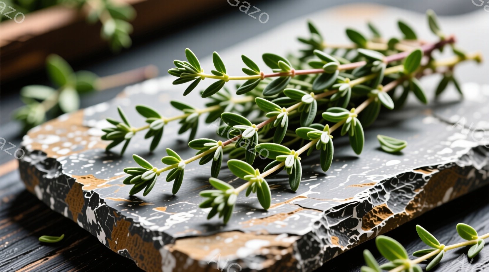 鮮やかな緑色のタイムの枝が、黒と金色の模様が印象的な岩板の上に置かれています。背景は木製のテーブルで、全体的に自然で素朴な雰囲気を醸し出しています。光沢のある葉と岩板のコントラストが、料理の素材としてのタイムの鮮やかさを際立たせています。