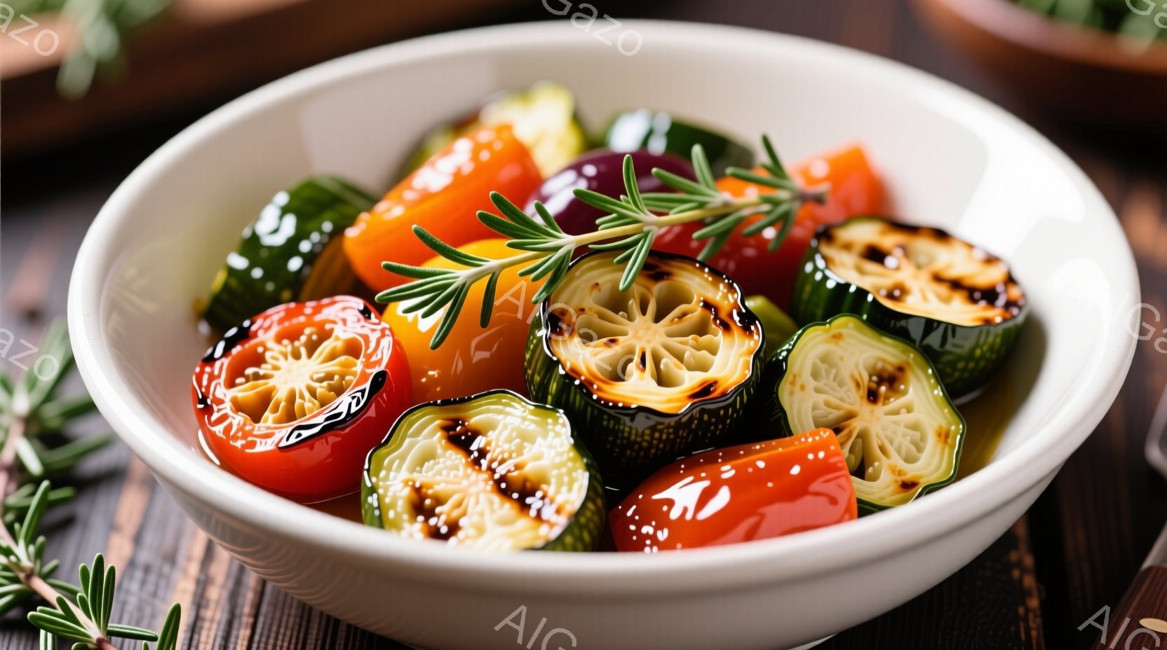 白いボウルに、焼いたズッキーニやパプリカなどの野菜が盛り付けられています。野菜はカラフルで、少し焦げ目がついており、ハーブ（ローズマリーと思われる）が添えられています。背景は木目調のテーブルで、全体的に暖かく食欲をそそる雰囲気です。