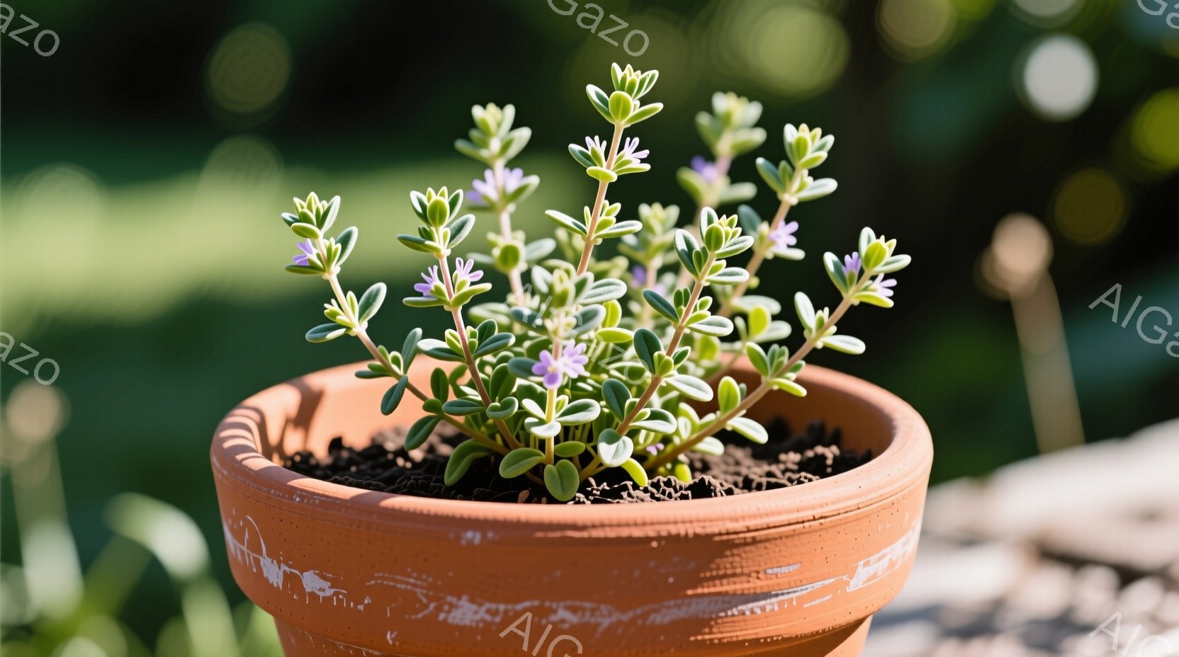 テラコッタ色の鉢に、小さな紫色の花を咲かせた植物が植えられています。葉は厚みがあり、灰色がかった緑色をしており、土は黒く湿っています。背景にはぼやけた緑の植物が見え、柔らかい光が差し込んでおり、穏やかで自然な雰囲気を醸し出しています。