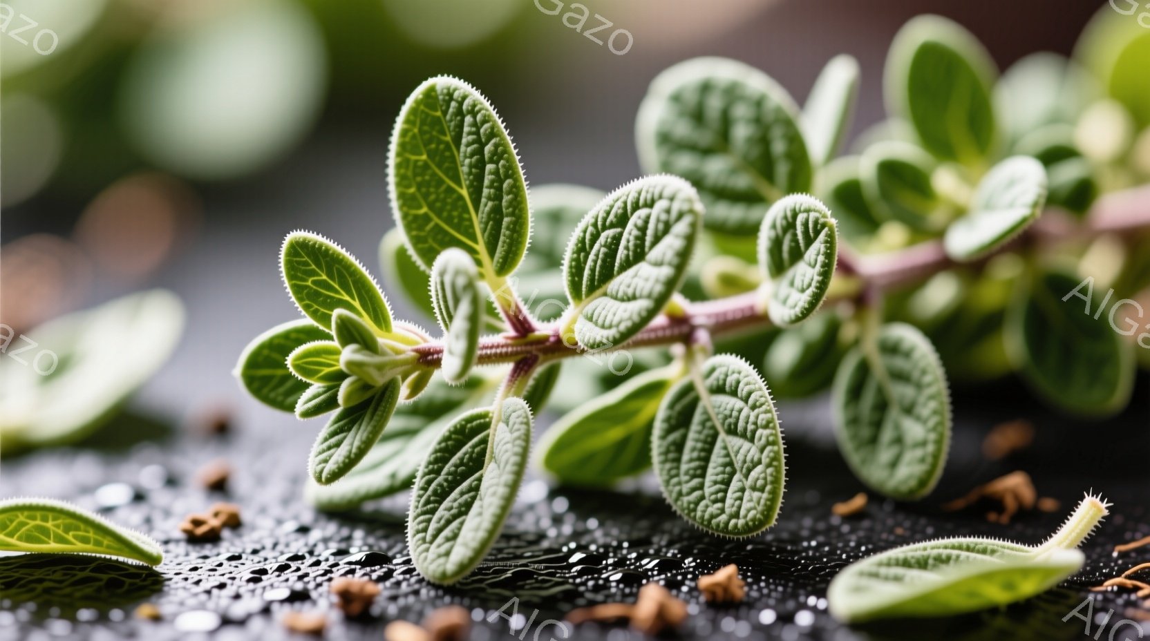 鮮やかな緑色の葉が茎に沿って伸び、表面には細かな毛が生えているのが見られる植物の写真です。葉はわずかにカールしており、光沢があり、背景は暗いグレーの表面で、水滴と小さな茶色の種が散らばっています。全体的に、植物の繊細さと自然の美しさが強調された、鮮やかなクローズアップ写真です。