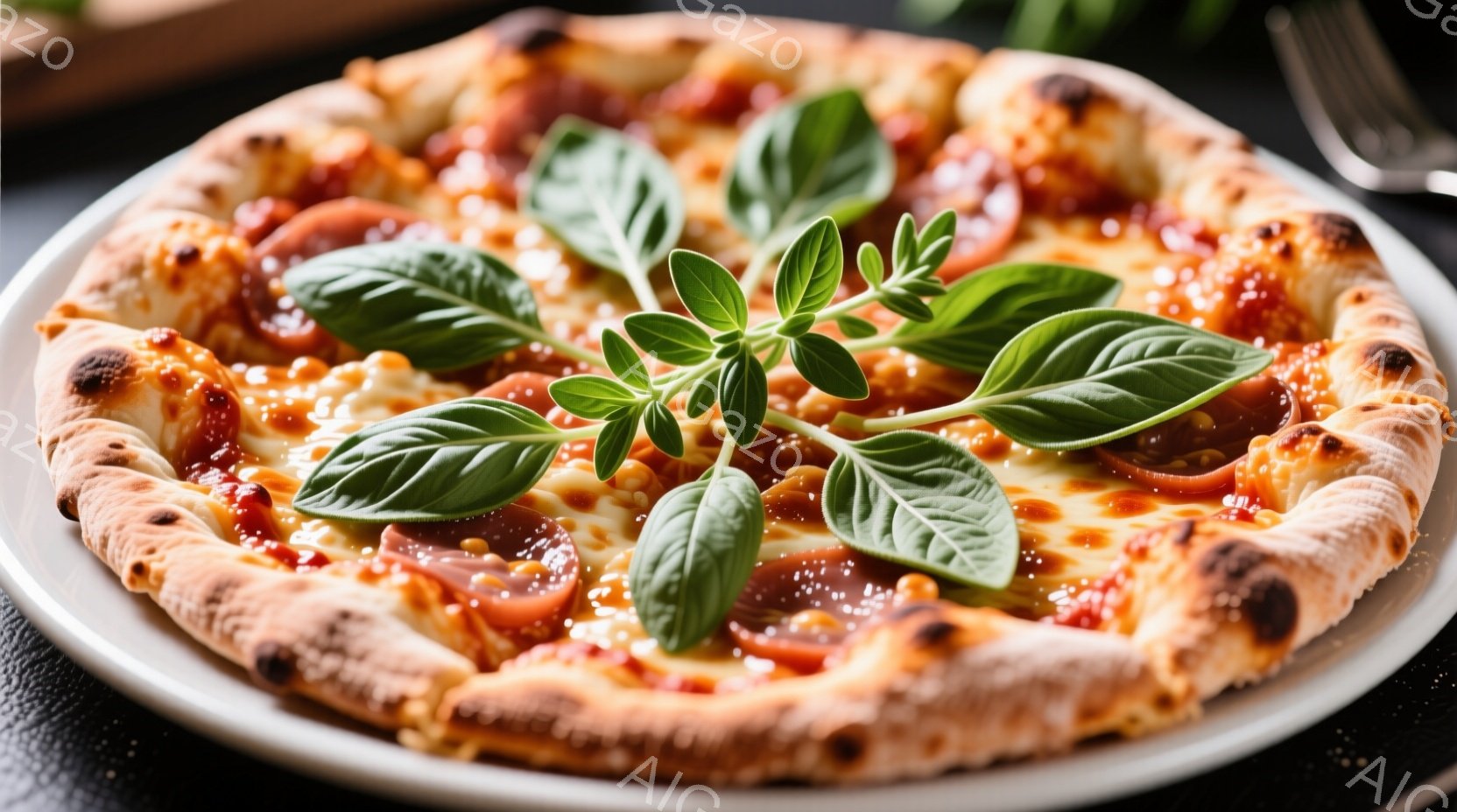 焼きたてのピザが白い皿に載っています。ピザはトマトソースと溶けたチーズで覆われ、ペパロニとフレッシュなバジルが散りばめられています。焼き色のついたクラストが美味しさを引き立て、全体的に暖かく食欲をそそる雰囲気です。