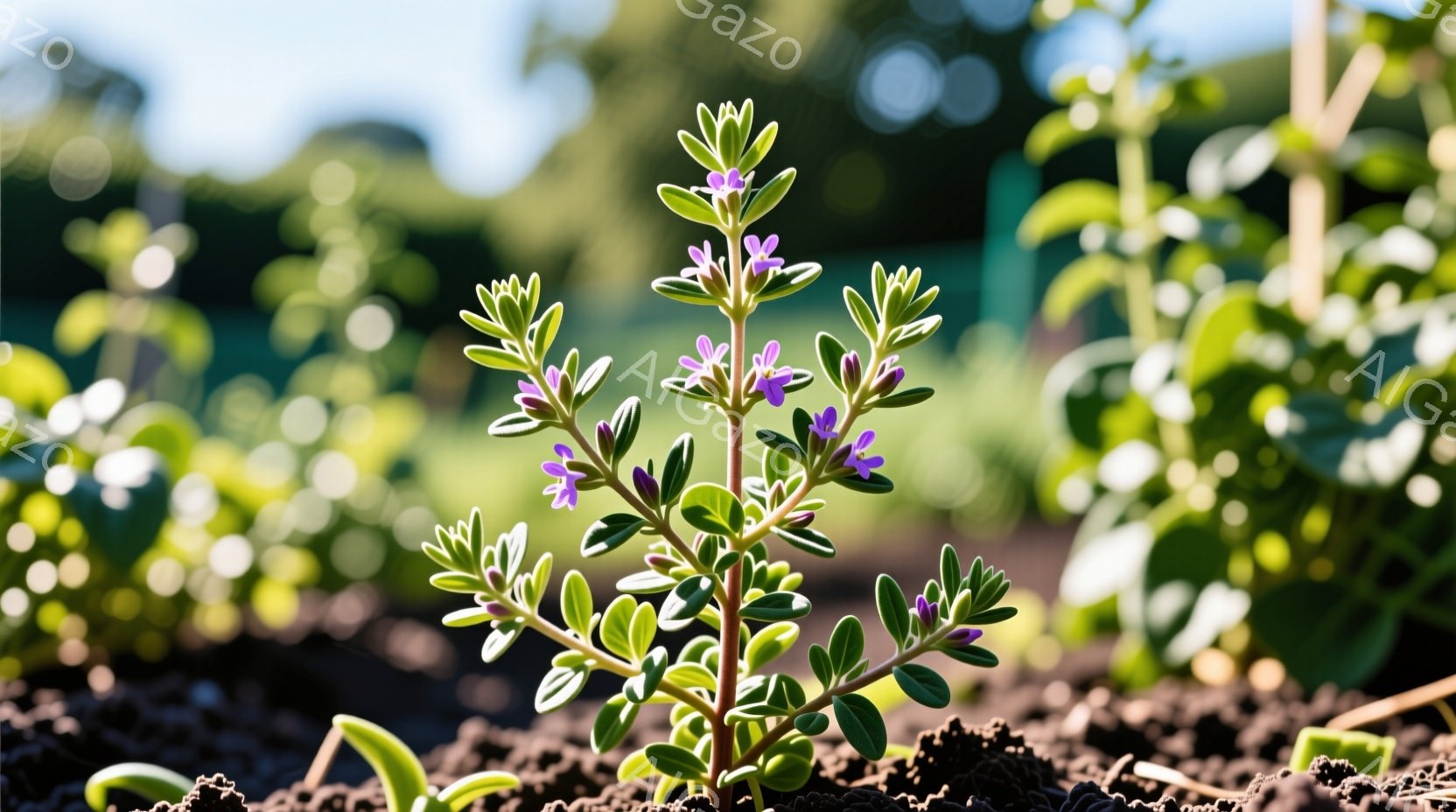 小さな植物が土の中から生えているクローズアップ写真です。鮮やかな緑の葉と小さな紫色の花が特徴的で、背景には他の植物がぼやけて写っています。全体的に暖かく、生命力に満ちた雰囲気で、春または夏のガーデニン - AI生成フリー素材