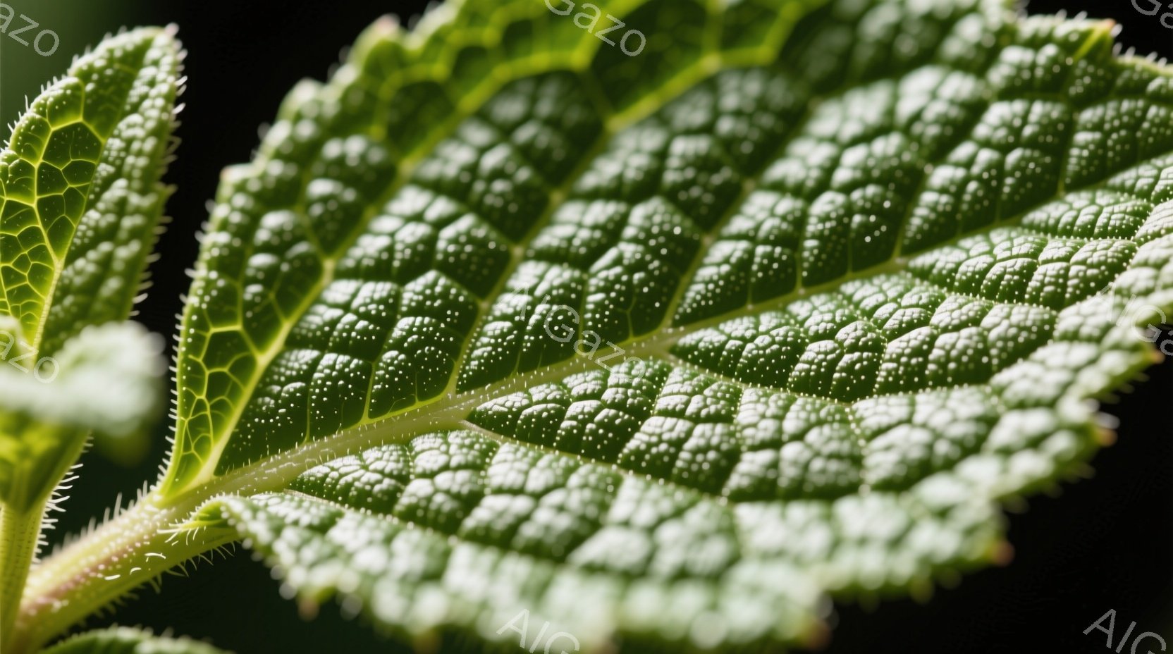 鮮やかな緑色の植物の葉が、暗い背景にクローズアップで映っています。葉脈がはっきりと浮かび上がり、表面には細かい凹凸模様が確認できます。光が葉を照らし、生命力と繊細さを表現しています。 - AI生成フリー素材