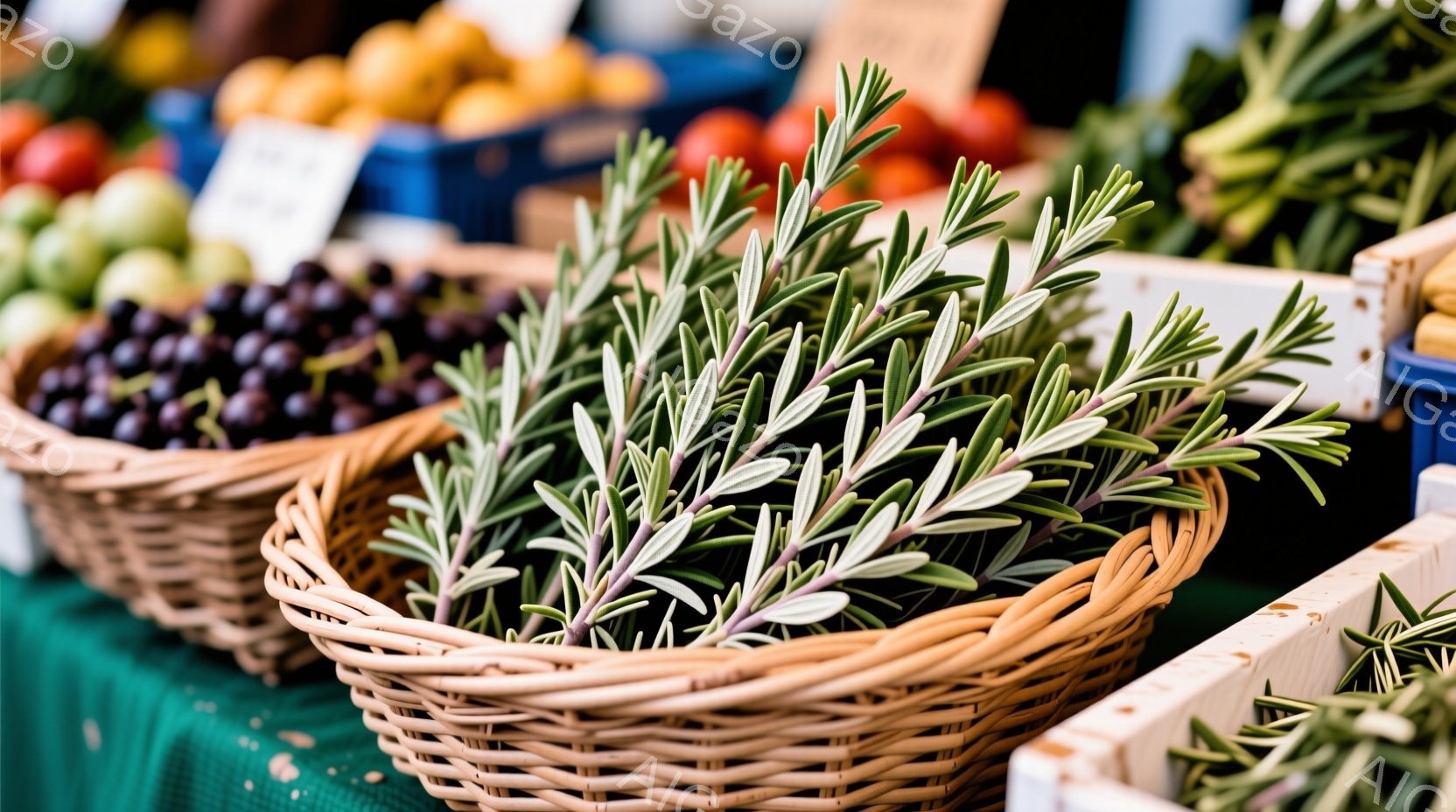 籠の中に鮮やかな緑色のハーブ（おそらくローズマリー）がたっぷり詰まっており、手前に別の籠に入った紫色の実（おそらくブドウかプルーン）が見える。背景には、様々な種類の果物や野菜が並べられた木製の箱や籠が - AI生成フリー素材