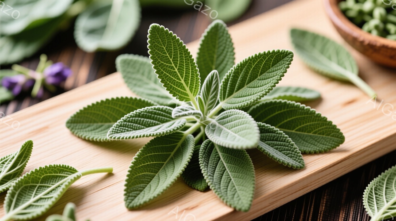 表面にわずかな毛並みが見られる緑色の葉が、木製の板の上に乗せられています。葉脈がはっきりと浮かび上がっており、葉の縁はギザギザとした形をしています。背景には、同様の葉や土が入った容器がぼやけて見え、自然な雰囲気を感じさせます。