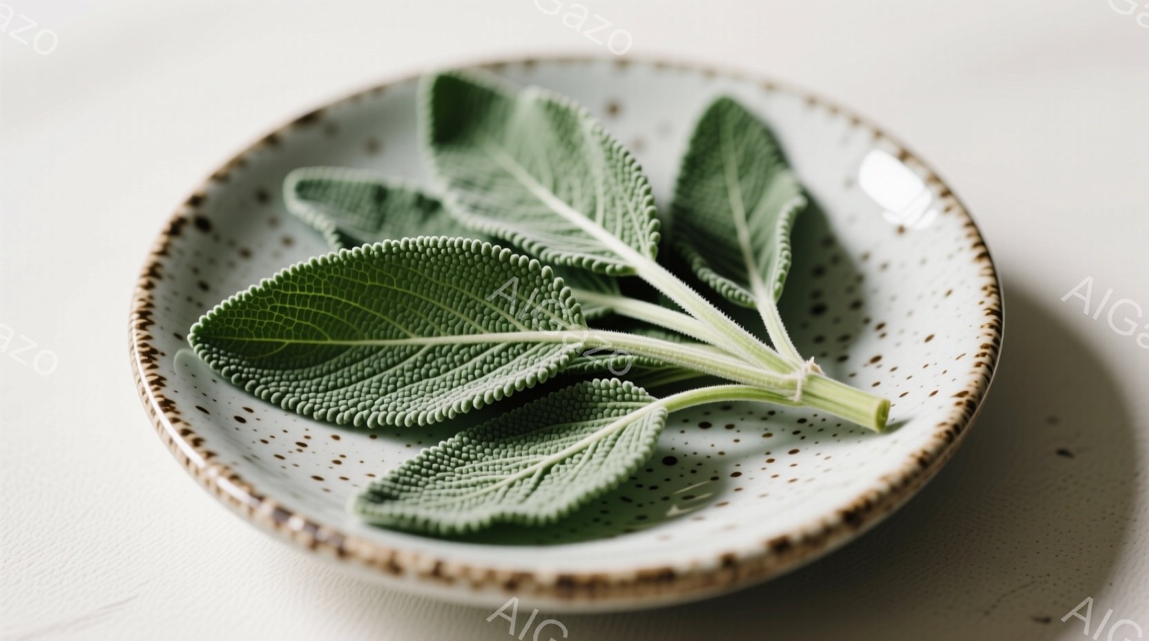 ざらざらとした質感の、焦げ茶色と白の斑点模様の皿の上に、みずみずしい緑色のセージの葉が数枚置かれています。葉の表面には細かい凹凸があり、葉脈がはっきりと確認できます。背景は白く、皿とセージの葉が際立っており、自然で落ち着いた雰囲気が漂っています。