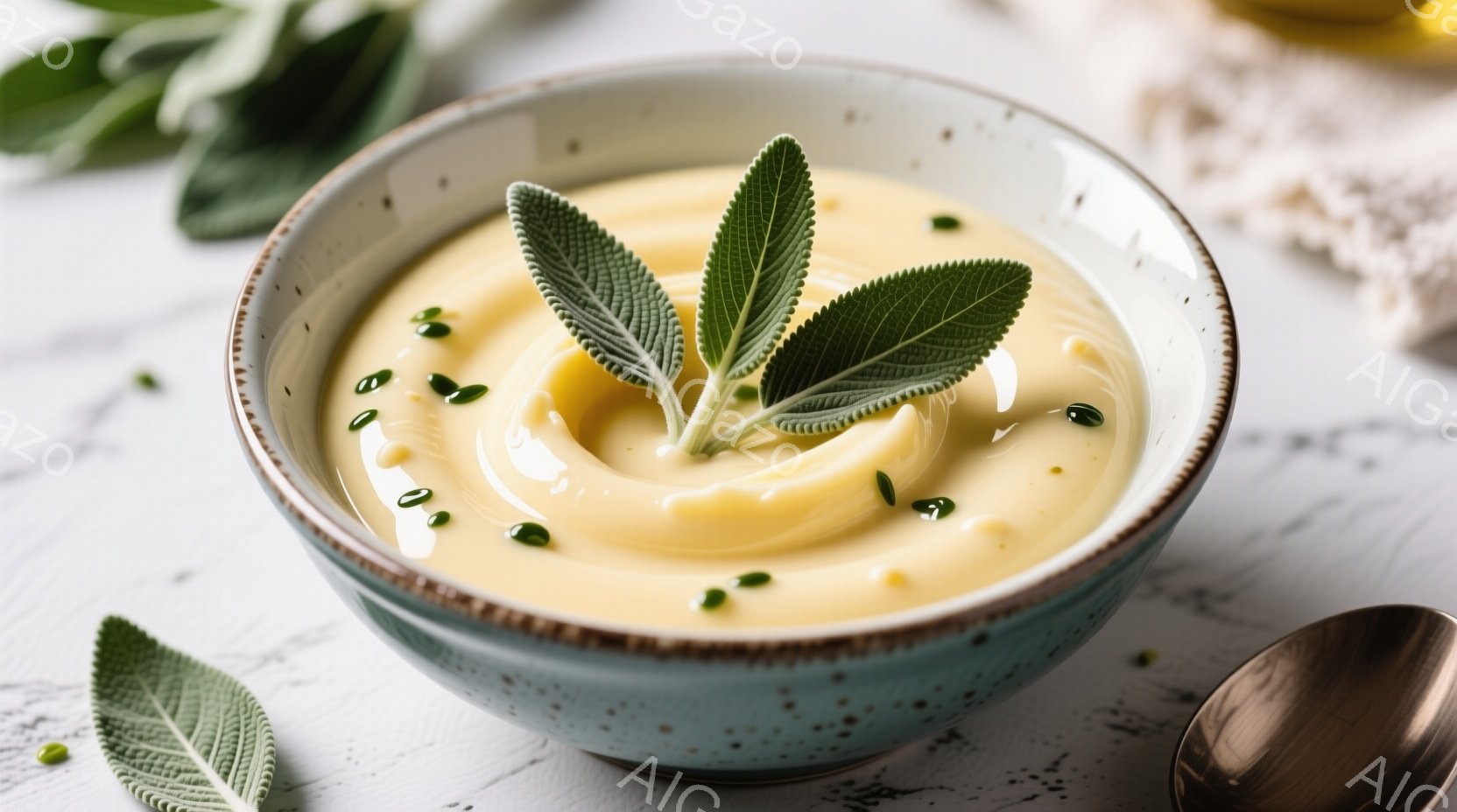 淡い緑色の縁取りのある白い器に、クリーム色のスープが盛り付けられています。細かく刻まれた緑色のハーブがスープの表面に散りばめられ、鮮やかな緑の葉が添えられています。背景は白く、左上にはサラダのような緑の葉が散らばり、全体的に落ち着いた、食欲をそそる雰囲気が漂っています。