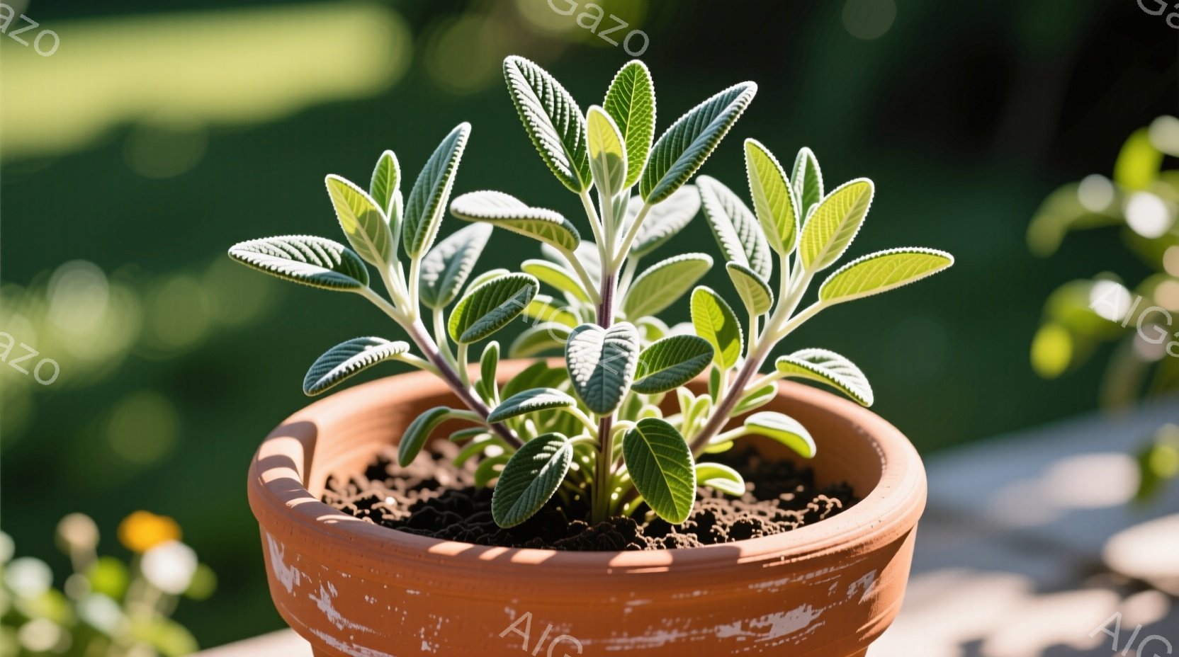 鉢植えに植えられた、灰緑色の葉を持つ植物が中央に大きく写っている。テラコッタの素焼き鉢は少し古びた風合いで、土は黒く、葉の根元を支えている。背景は緑豊かな自然で、光が差し込み、植物全体が明るく照らされている。