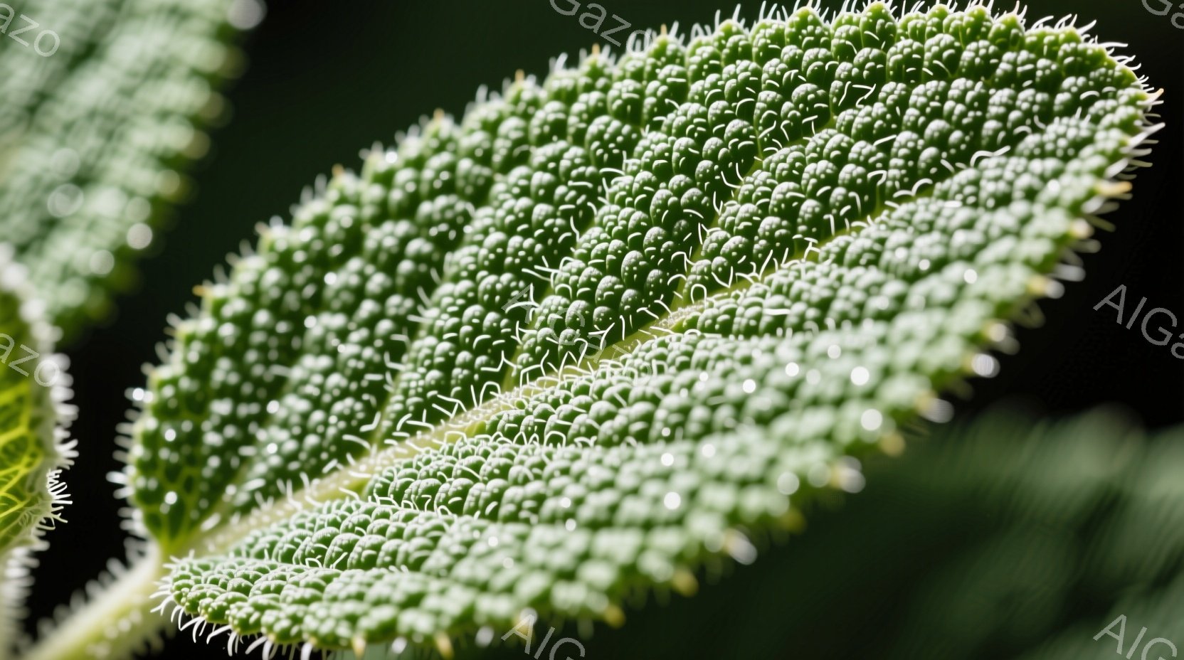 大麻の葉のクローズアップ写真で、葉脈がはっきりと見える鮮やかな緑色が特徴的です。表面には細かい毛が生えており、トリコームと呼ばれる樹脂が光を反射してキラキラと輝いています。背景は暗く、葉の緑色が際立っ - AI生成フリー素材