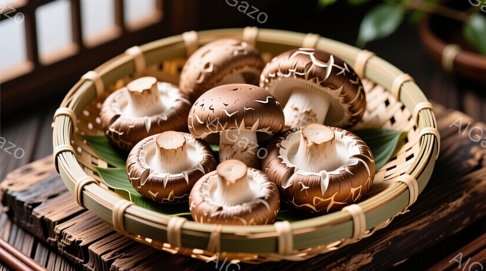 籐で編まれた浅い籠の中に、数個の新鮮な椎茸が並べられています。椎茸は茶色と白色の美しい模様を持ち、新鮮さと美味しさを感じさせます。背景には木製のテーブルと、ぼやけた緑の植物が見え、落ち着いた自然な雰囲気を醸し出しています。