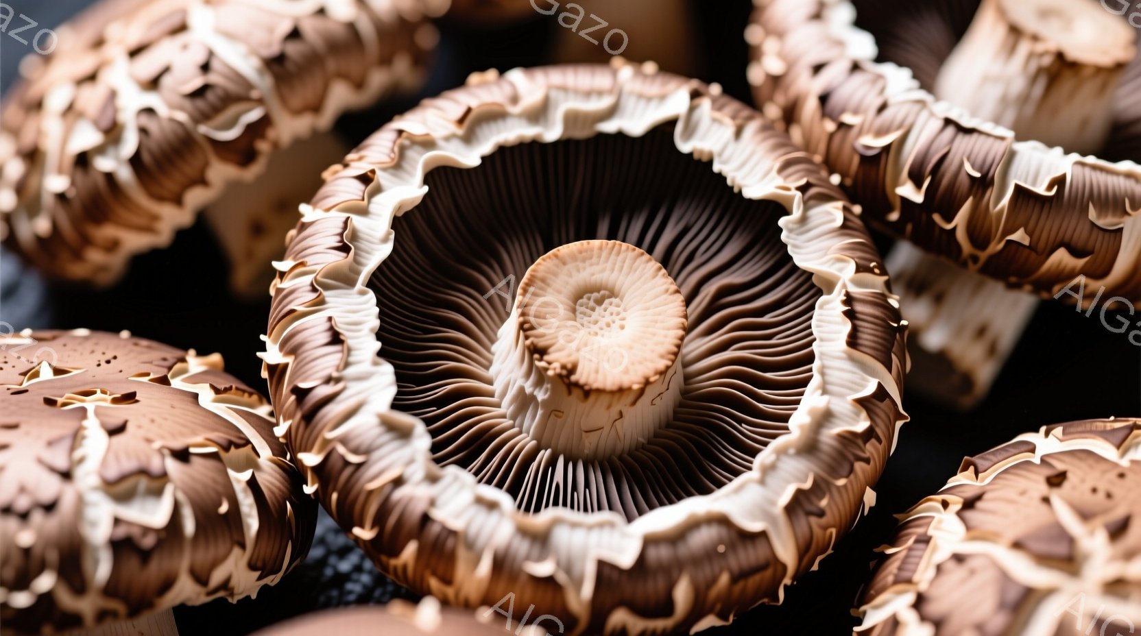 数個の椎茸の下部をクローズアップしたものです。茶色の傘は、繊細な襞が放射状に広がり、まるで彫刻のような美しい模様を作り出しています。背景は暗く、椎茸の質感が際立つように、光が椎茸の襞に当たって、影がで - AI生成フリー素材
