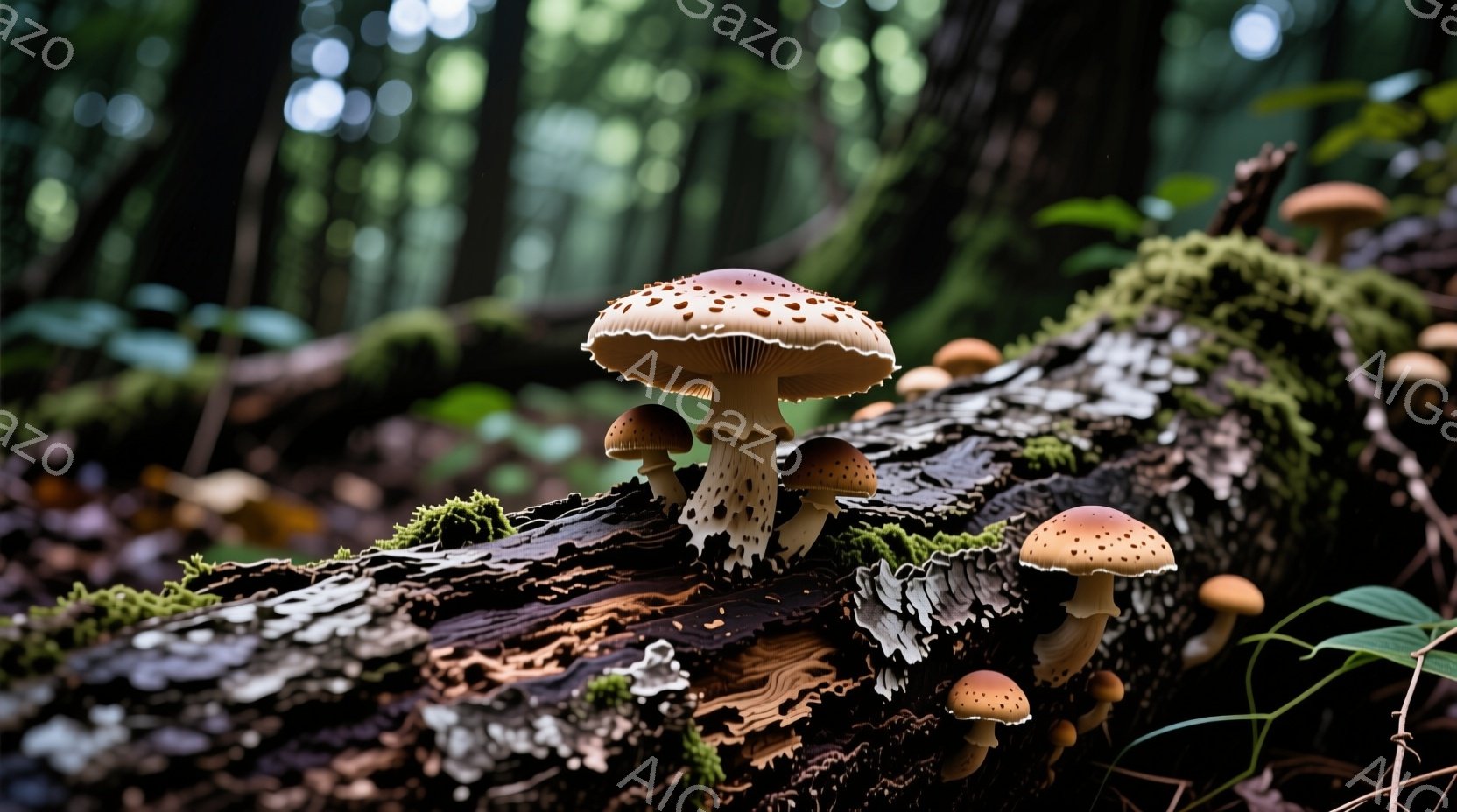 朽ちた倒木の上には、数本の茶色い傘を持つキノコが生えている。緑色の苔が木に生え、周囲には緑豊かな森林が広がり、湿った自然の雰囲気を醸し出している。キノコの傘の微妙なテクスチャと、森の奥深さが感じられる。