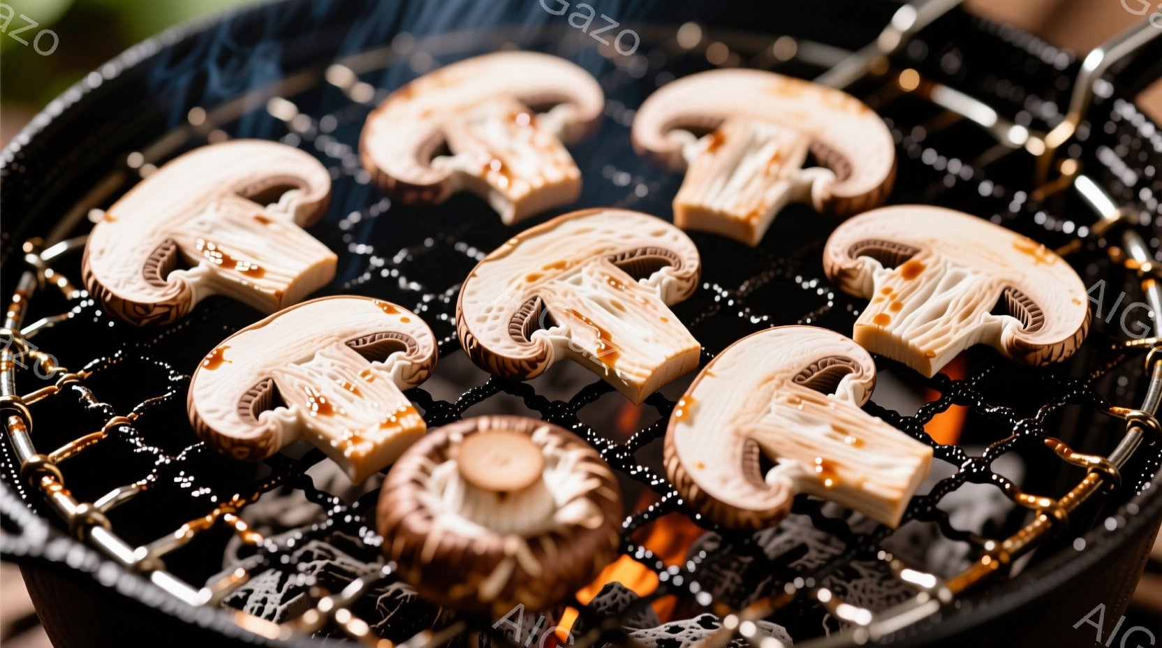 炭火の上に並べられたシイタケの串焼きを捉えています。焼き網は黒く、シイタケは焦げ目がつき始め、美味しそうな香りが漂っているように見えます。背景はぼやけており、炭の赤熱とシイタケの食欲をそそる様子が強調されています。