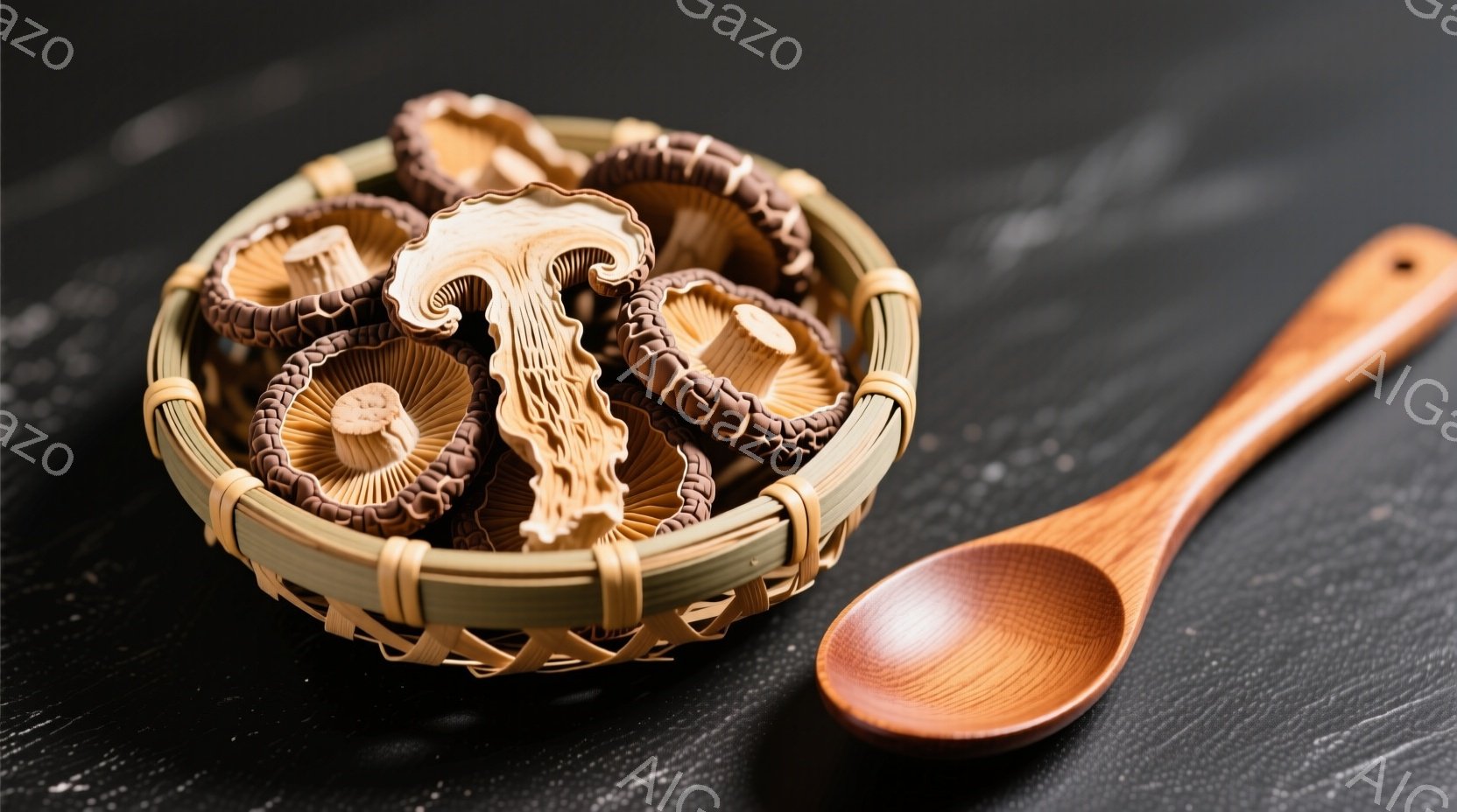 竹製の浅い籠に乾燥させた椎茸が積み重ねられています。隣には木製のスプーンが置かれており、背景は黒い質感の表面です。全体的に、素朴で自然な雰囲気で、和食の食材を表現しています。