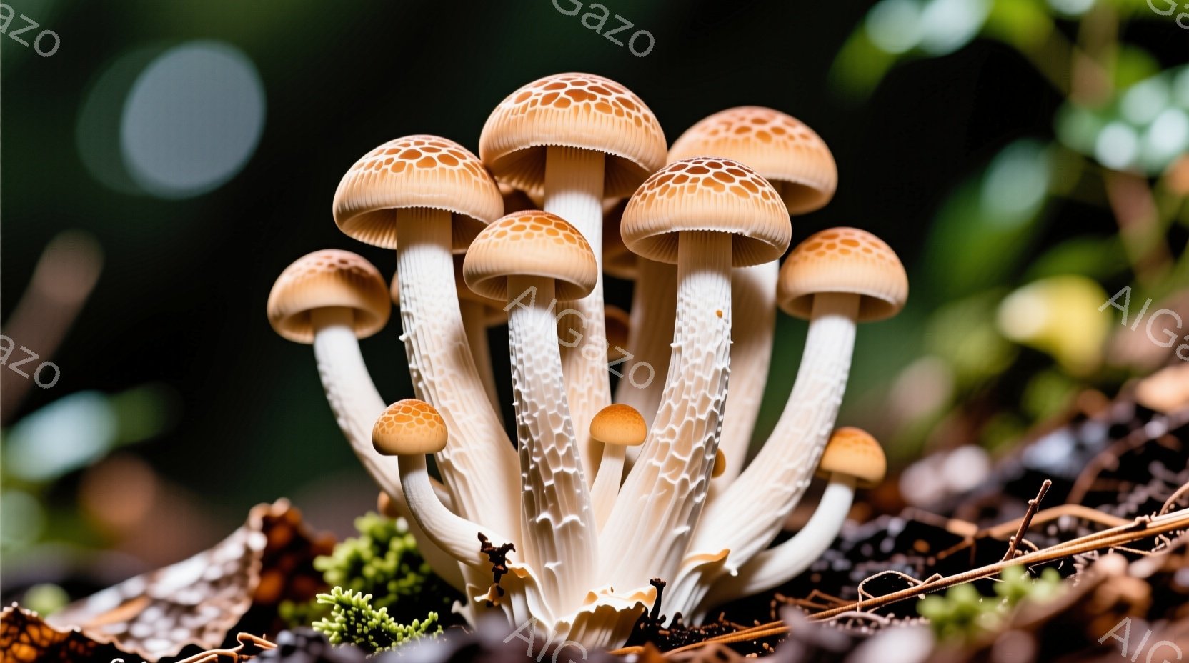 鮮やかな緑と茶色の植物の間から、白い柄と茶色の傘を持つキノコが数本生えている様子が捉えられています。キノコは密集して生えており、傘には細かい模様が見られます。背景はぼやけており、自然豊かな森林の一角であると推測できます。