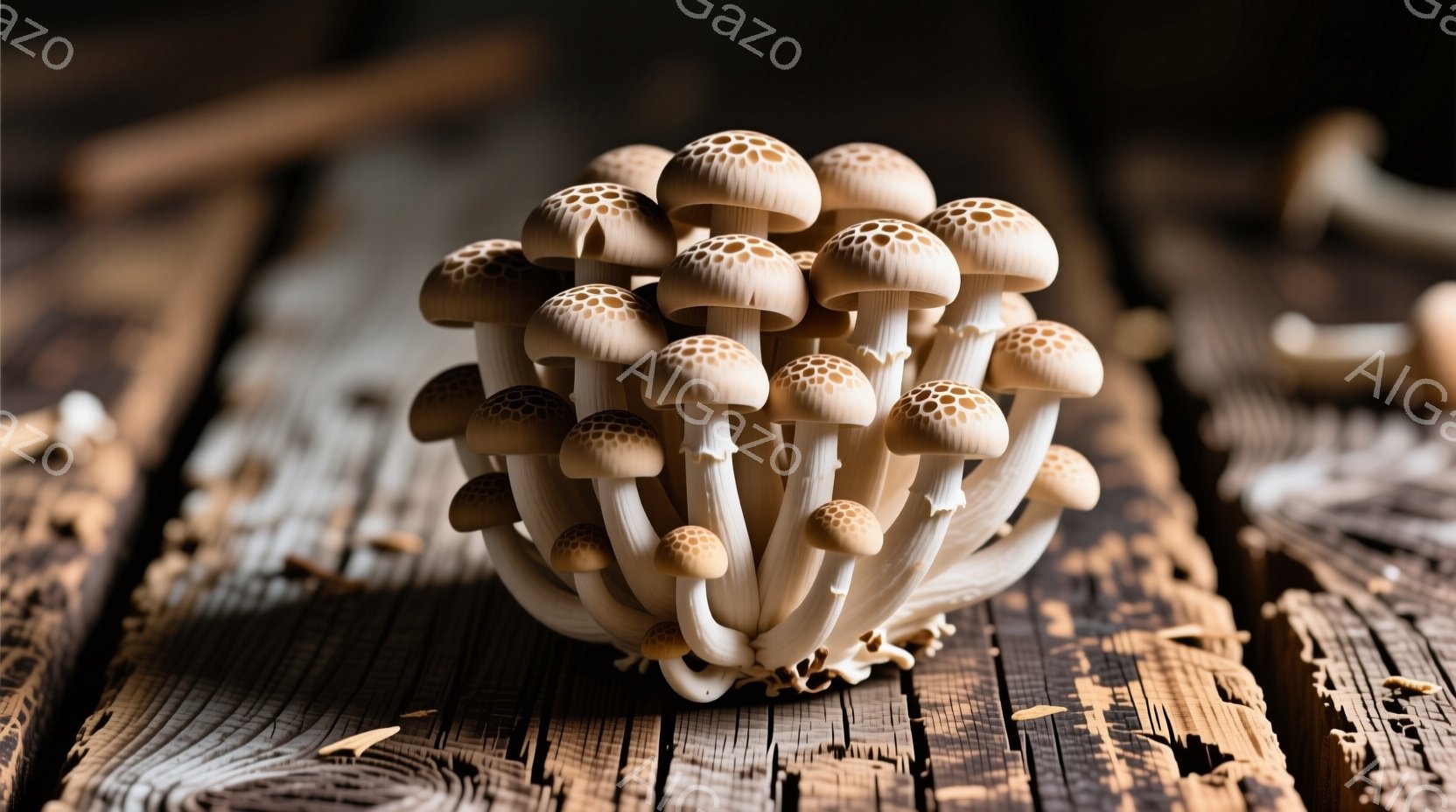 密集した白いエリンギの塊が、粗く古びた木製の表面に置かれている様子を捉えています。キノコの傘は淡い茶色で、密集して並んでおり、茎は白く、基部には土がわずかに付着しています。背景はぼやけており、木材の質 - AI生成フリー素材
