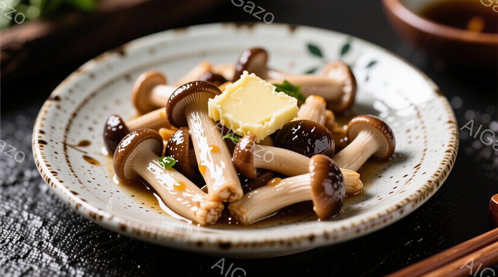 皿には、焼きまたは煮たシメジとエリンギのキノコが盛られています。キノコは茶色と白のコントラストが美しく、緑色のハーブとバターの一塊が添えられています。背景は暗い木製のテーブルで、和食の盛り付けを連想させる落ち着いた雰囲気です。