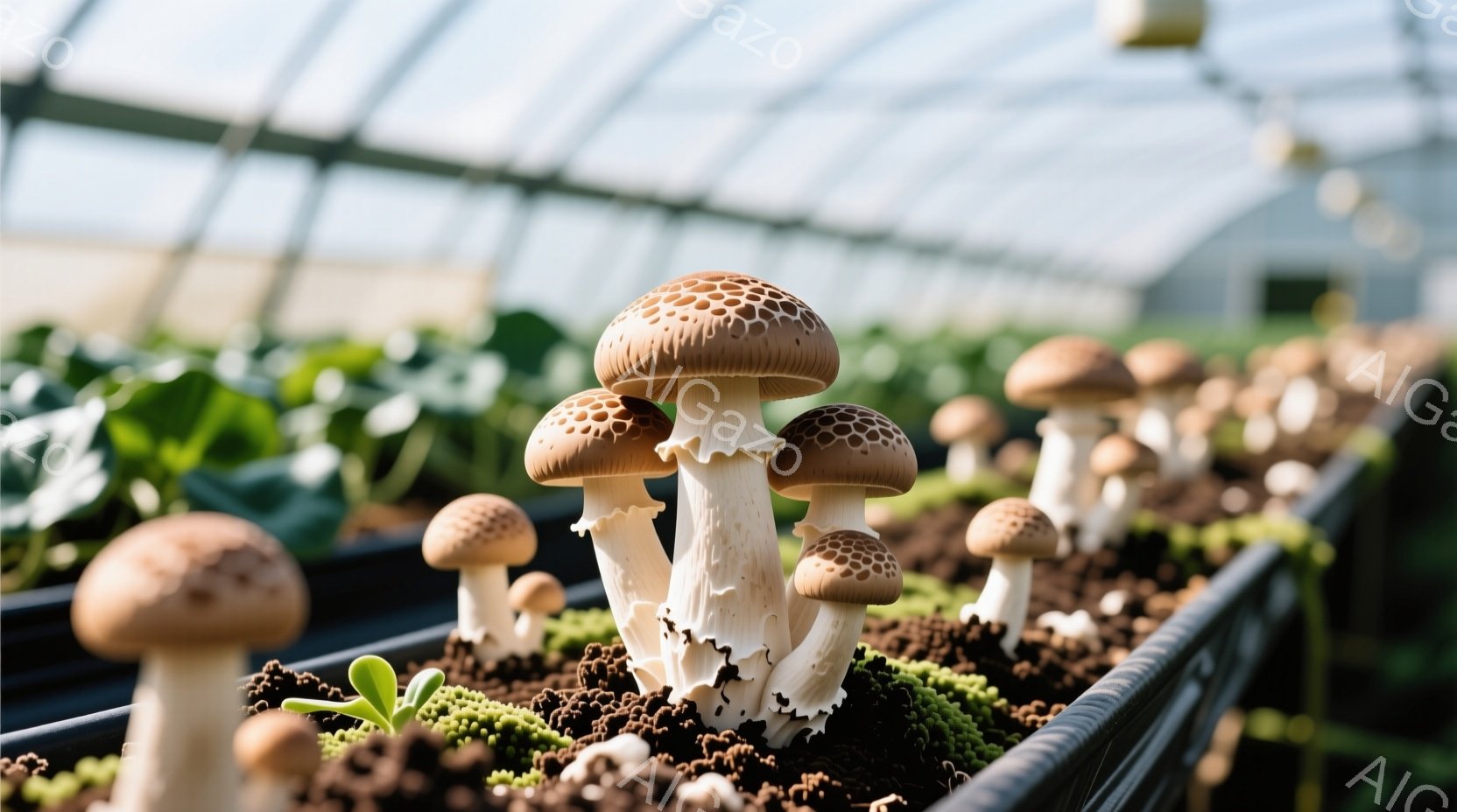 栽培用の黒いトレイに植えられたシイタケが写っています。白い太い茎と茶色の傘を持つシイタケは、緑の若葉とともに土から生え、背景にはガラス張りの温室構造と遠くに見える自然の風景が広がっています。全体的に、静かで穏やかな、自然の恵みを感じさせる雰囲気です。