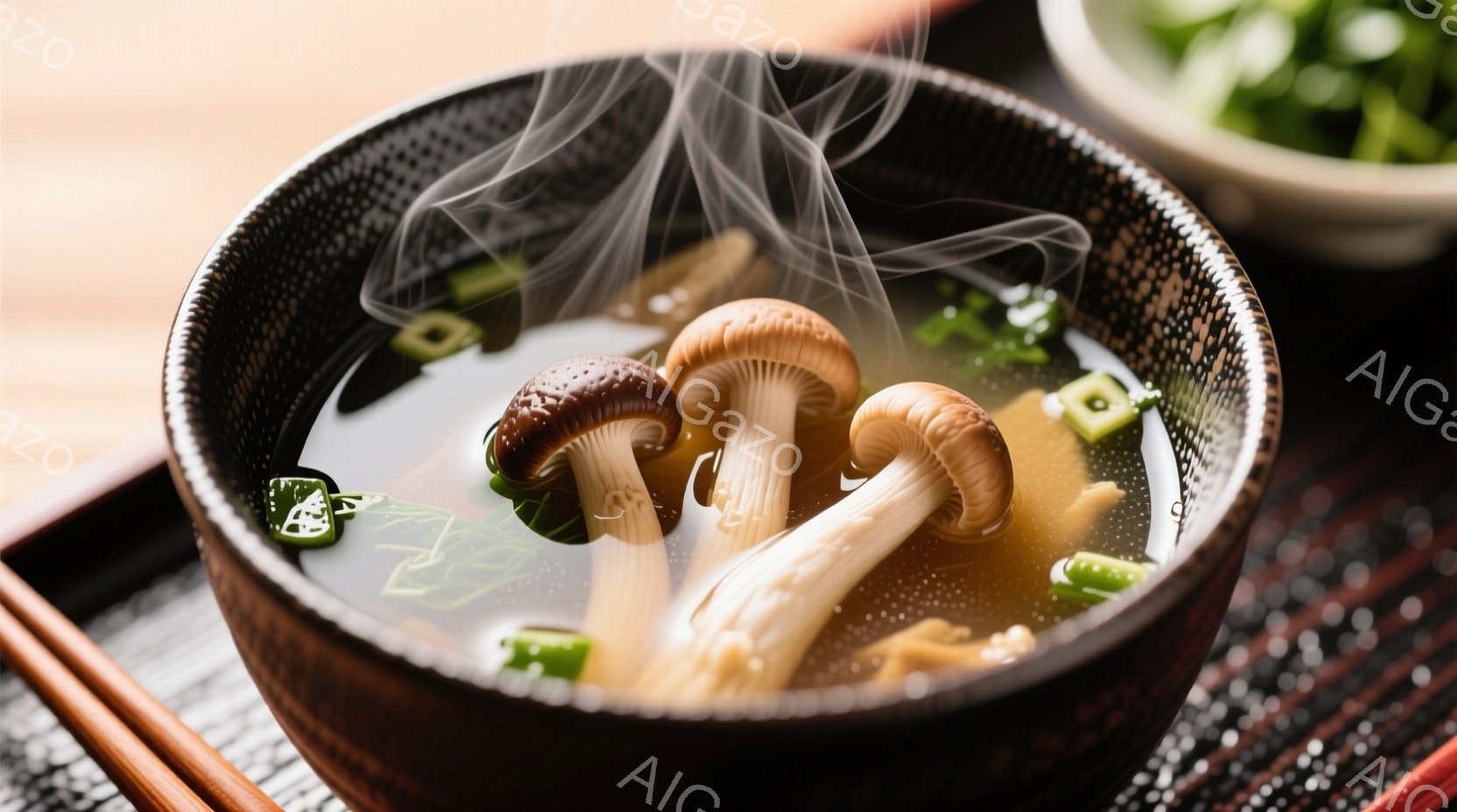 黒い器の中に、湯気が立ち上る温かいお吸い物が写っている。器の中には、数種類のきのこが浮かび、ネギなどの緑色の薬味も見える。背景には、木製のトレイと小さな薬味入れがぼんやりと写っており、全体的に落ち着いた、食欲をそそる雰囲気が漂っている。