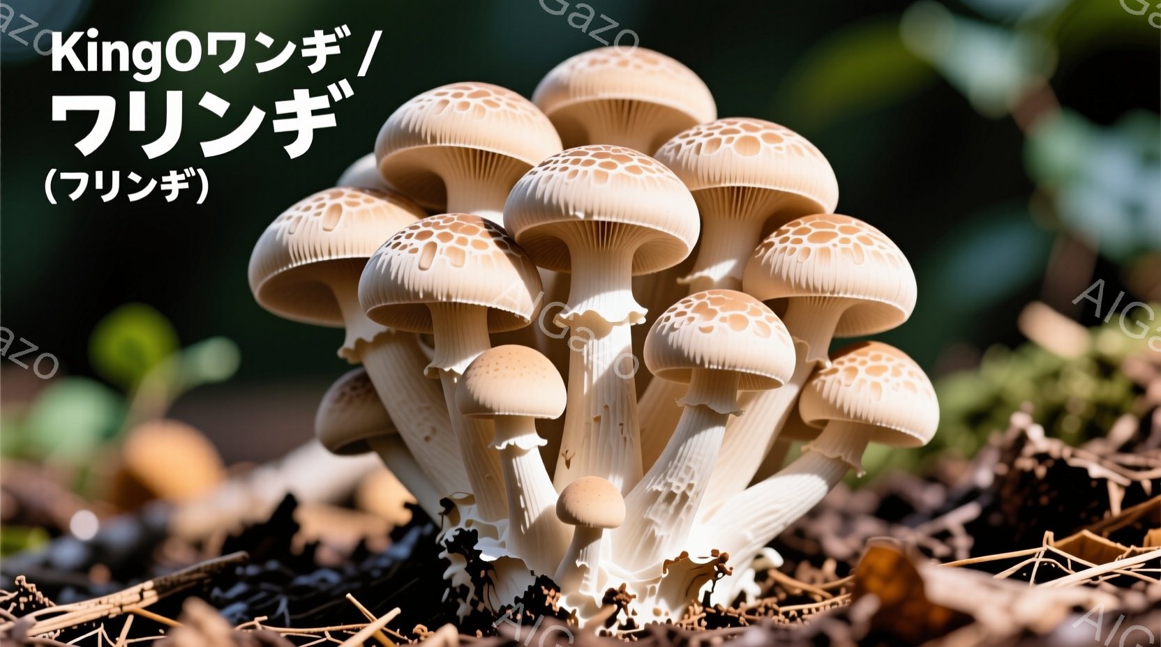 湿った土の上に、白い傘を持つキノコが密集して生えている様子が写っている。キノコの傘には細かい茶色い斑点があり、柄は細く、クリーム色をしている。背景は落ち葉や土で覆われ、自然豊かな森の中であることがわか - AI生成フリー素材