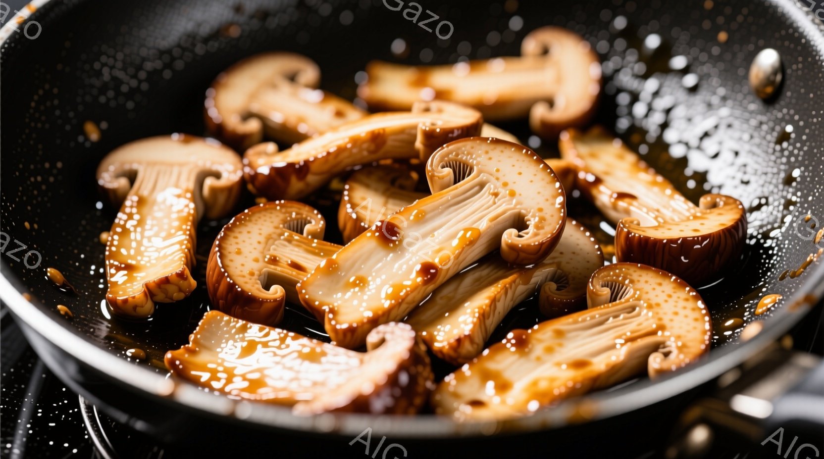 鍋の中で、照り焼きのような甘辛いタレで炒められた椎茸が写っている。椎茸は薄切りで、表面に光沢があり、美味しそうに見える。鍋の底には油が溜まっており、調理されたばかりであることがわかる。 - AI生成フリー素材