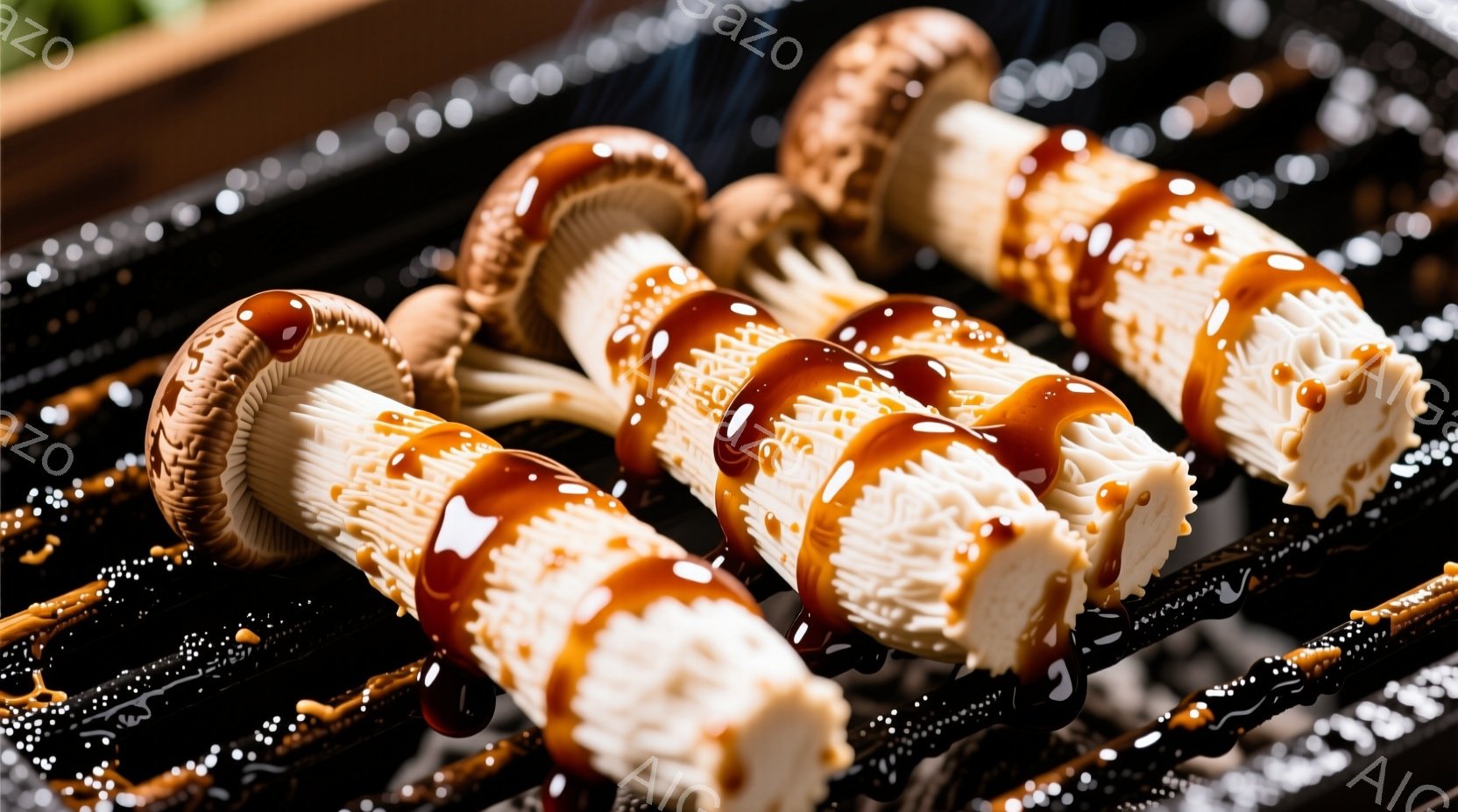 網の上に並べられた焼き椎茸が写っています。椎茸には照り焼きのような甘辛いタレがたっぷりとかかっており、湯気が立ち上っている様子がわかります。背景は暗く、焦げ付き防止加工されたグリル網がはっきりと見え、 - AI生成フリー素材