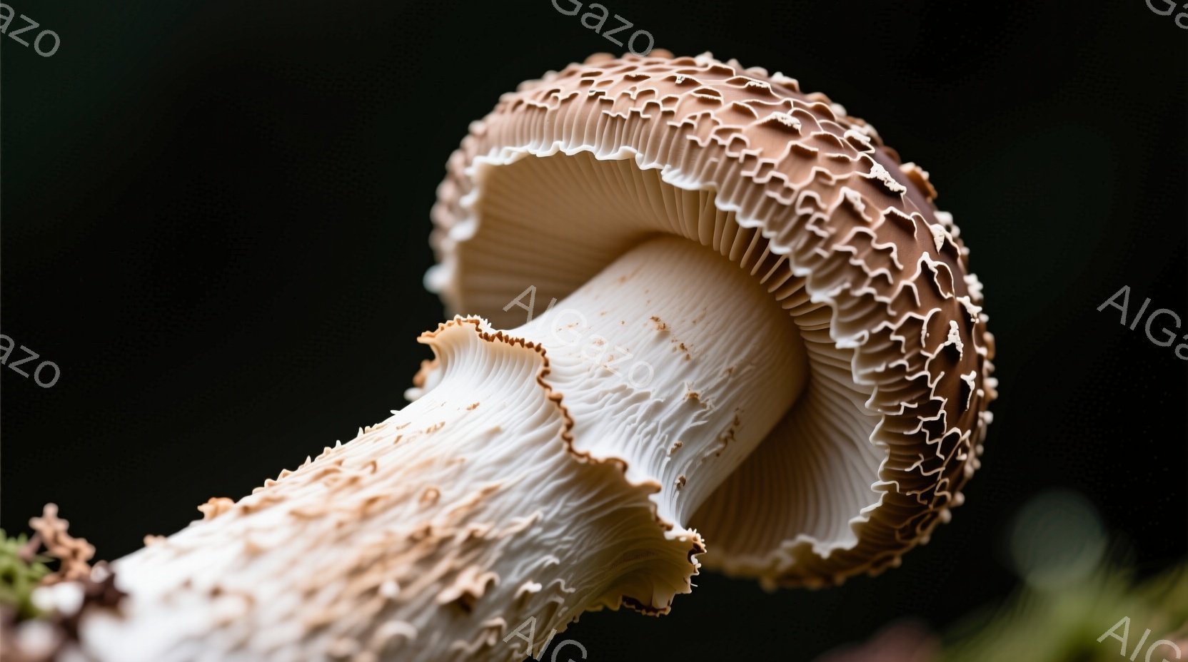 漆黒の背景に、キノコがクローズアップで写っている。傘の部分は細かい鱗状の模様を持ち、茶色と白が混ざり合っている。茎は白く、周囲の緑色の植物と対照的に、独特の質感と立体感が強調されている。