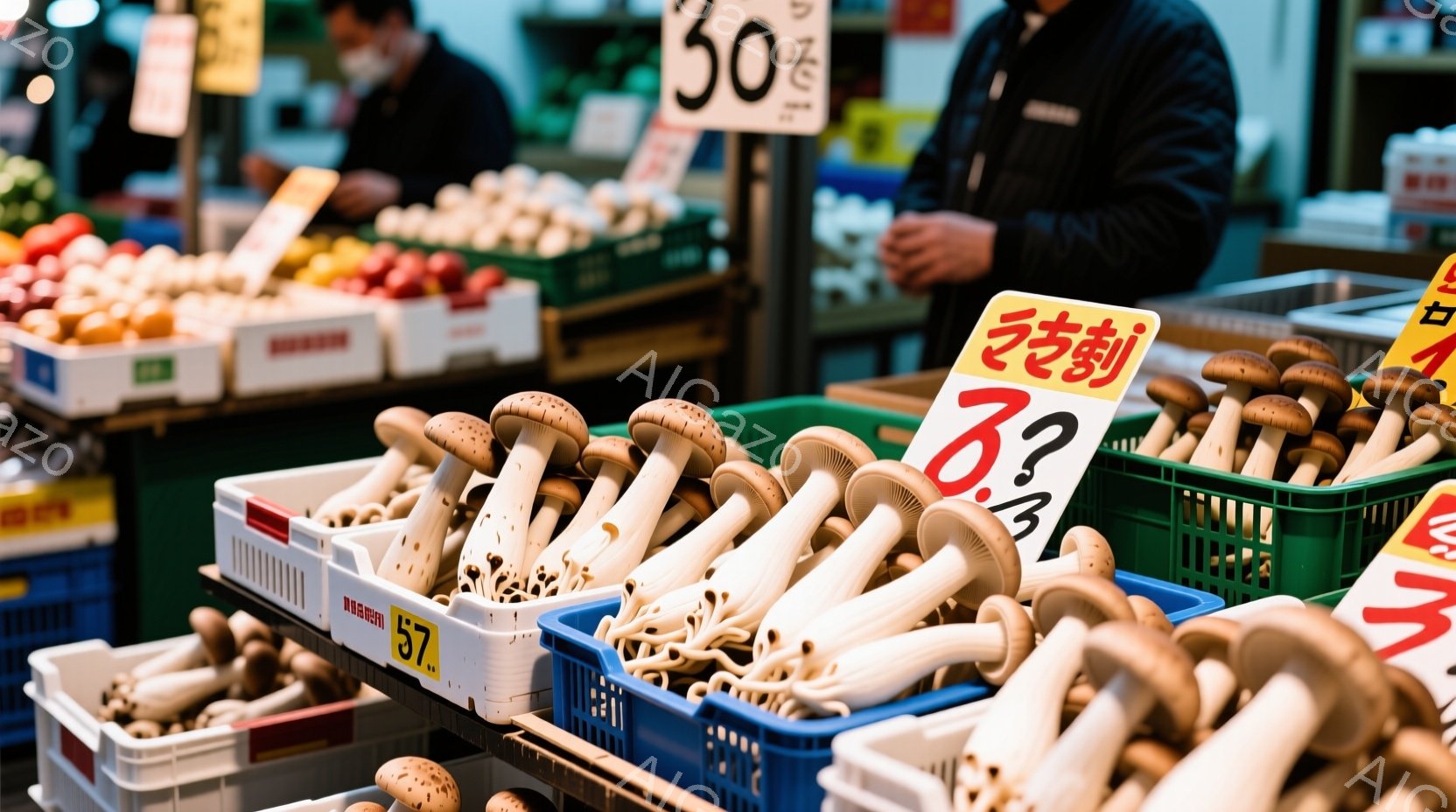 鮮やかな緑色のプラスチック容器に、白くて細長いキノコが大量に並べられています。背景には、さまざまな種類のキノコや果物が積まれた箱が見え、黒い作業着を着た人物がわずかに映っています。活気のある市場の雰囲気で、新鮮な食材が豊富に並んでいる様子が伝わってきます。