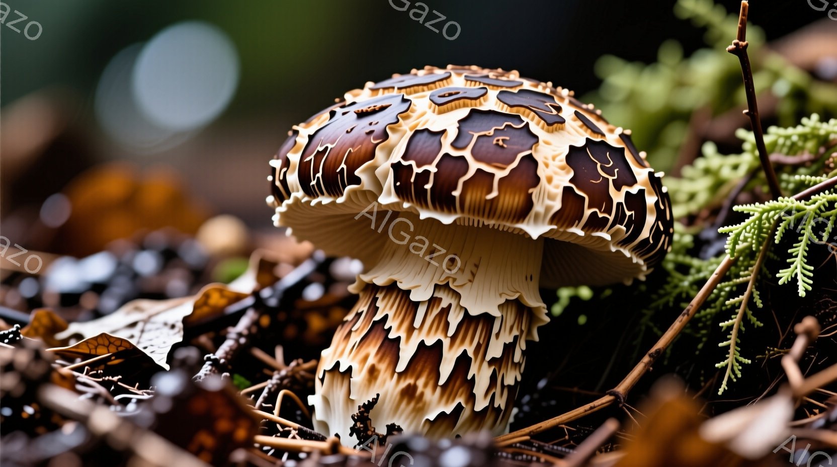 朽ちた木の葉や小枝の上に、特徴的な模様を持つキノコが写っている。傘の部分は茶色とクリーム色が混ざり合い、ひだ状に垂れ下がった独特の形状をしている。背景には緑色の植物が見え、湿った森の床を連想させる、落 - AI生成フリー素材