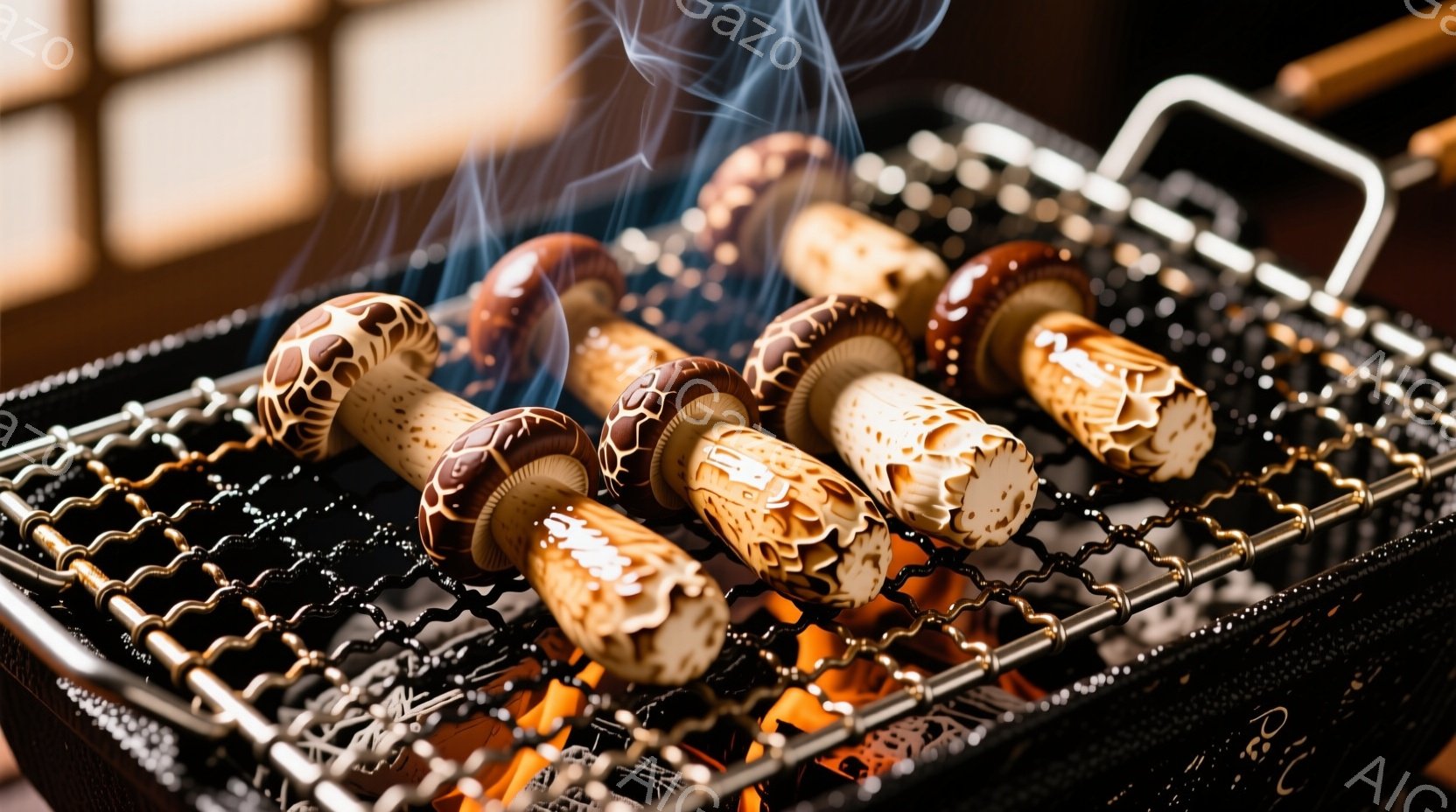 炭火の上に串に刺された数本のきのこを描写しています。きのこは、さまざまな種類があり、焼き色がついており、煙が立ち上っています。背景には、暗い金属製のグリルとぼやけた壁が見え、全体的に温かく食欲をそそる雰囲気です。