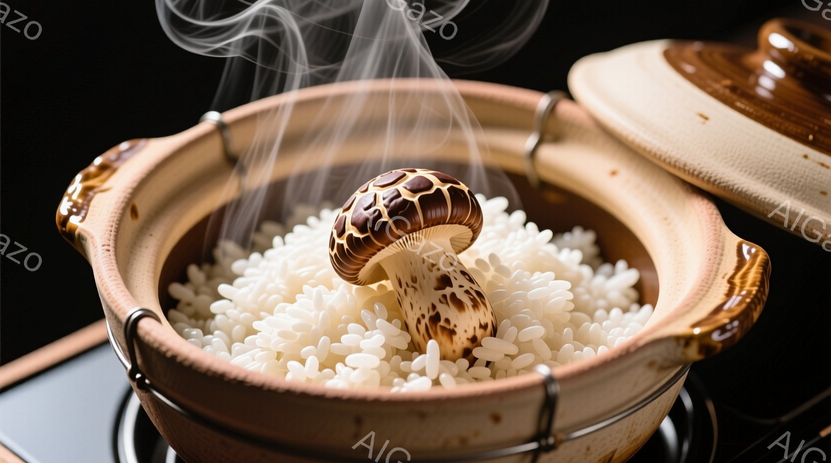 蒸し器の中に炊き立てのご飯と、大きなキノコが鎮座しています。土鍋のような蒸し器は温かいベージュ色で、湯気が立ち上り、食欲をそそる雰囲気を醸し出しています。背景は暗く、ご飯とキノコのコントラストが際立ち、料理そのものの美しさを強調しています。