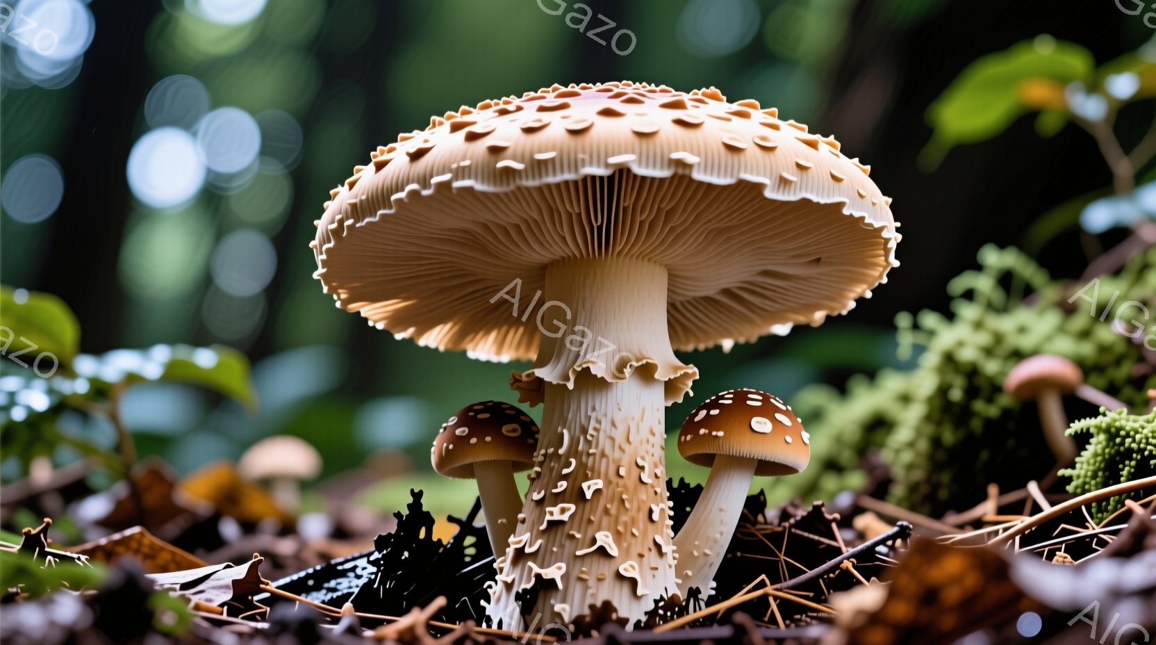 鮮やかな赤い斑点を持つキノコが数本、落ち葉と緑色の苔の上に生えている様子が写っている。キノコは傘の部分が大きく広がり、茎は白く細長い。背景はぼやけており、緑豊かな森林であることがわかる、落ち着いた雰囲 - AI生成フリー素材