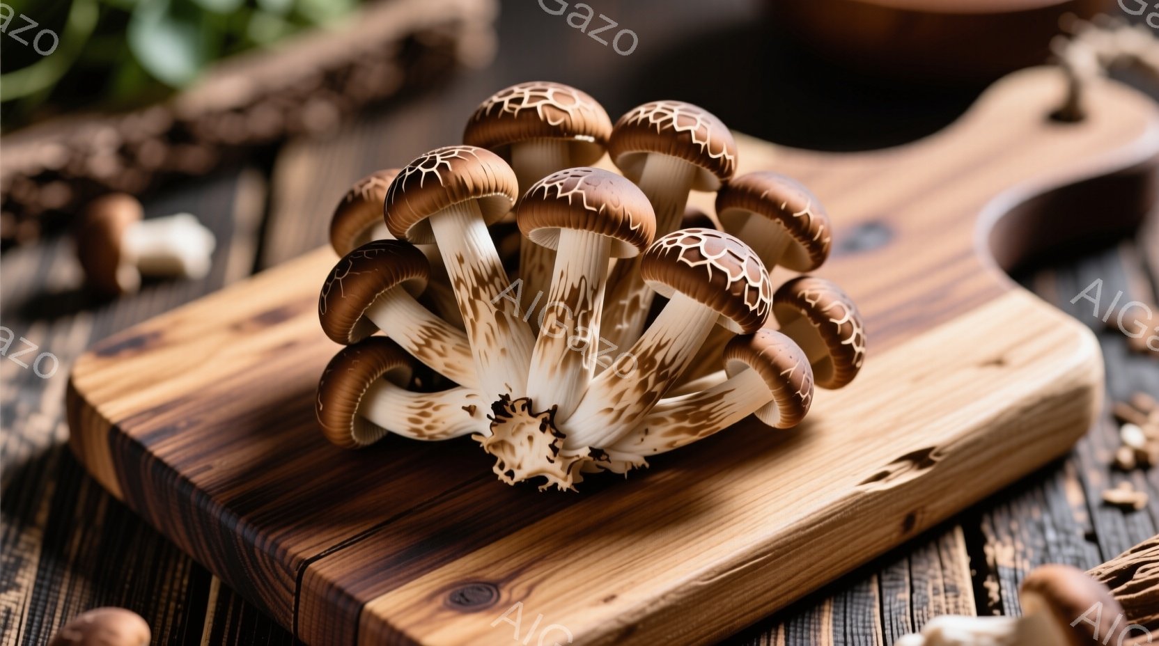 盛り木の上に、たくさんの舞茸が密集して置かれています。木材の質感がよくわかる背景には、ところどころに小さなキノコが散らばっており、全体的に素朴で温かみのある雰囲気です。照明は柔らかく、舞茸の茶色と白の - AI生成フリー素材