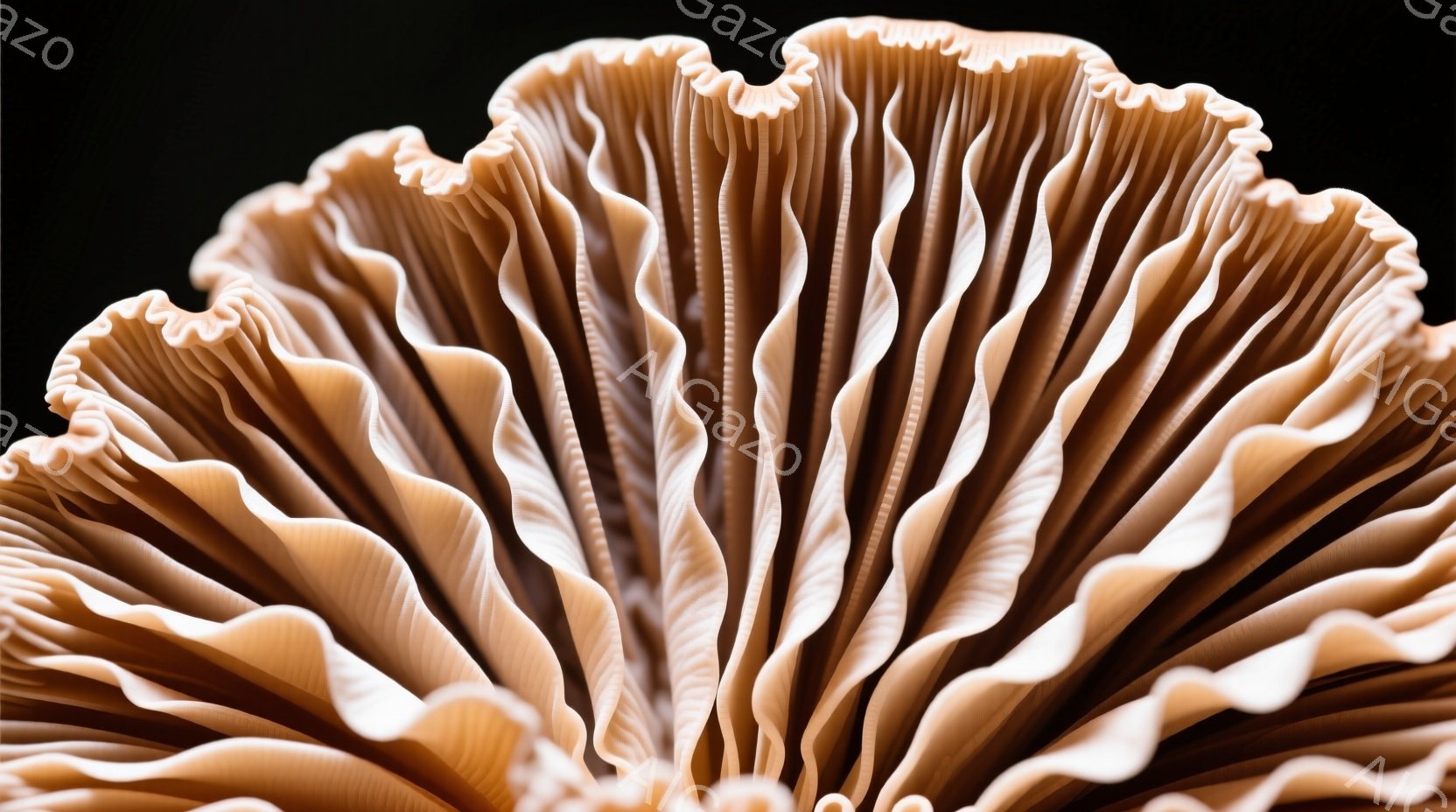 淡いベージュ色の襞が幾重にも重なった、まるで波のようなテクスチャを持つ抽象的な作品です。光と影が優しく襞の曲線を描き、柔らかく繊細な印象を与えます。黒い背景がこの繊細な構造を際立たせ、静かで瞑想的な雰 - AI生成フリー素材