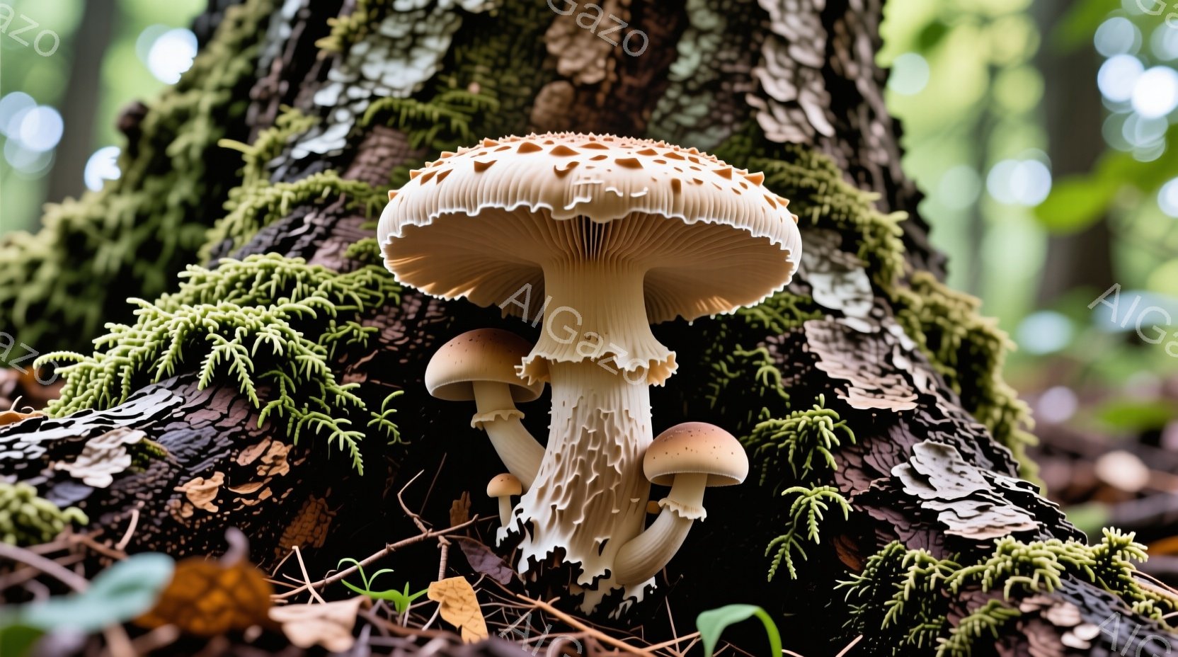 朽ちた木の幹に、白い傘を持つキノコが数株密集して生えている様子が写っている。キノコの傘には小さな斑点があり、下部は繊細な襞で構成されている。背景は緑豊かな苔と落ち葉に覆われた森林で、湿潤で落ち着いた雰囲気を醸し出している。