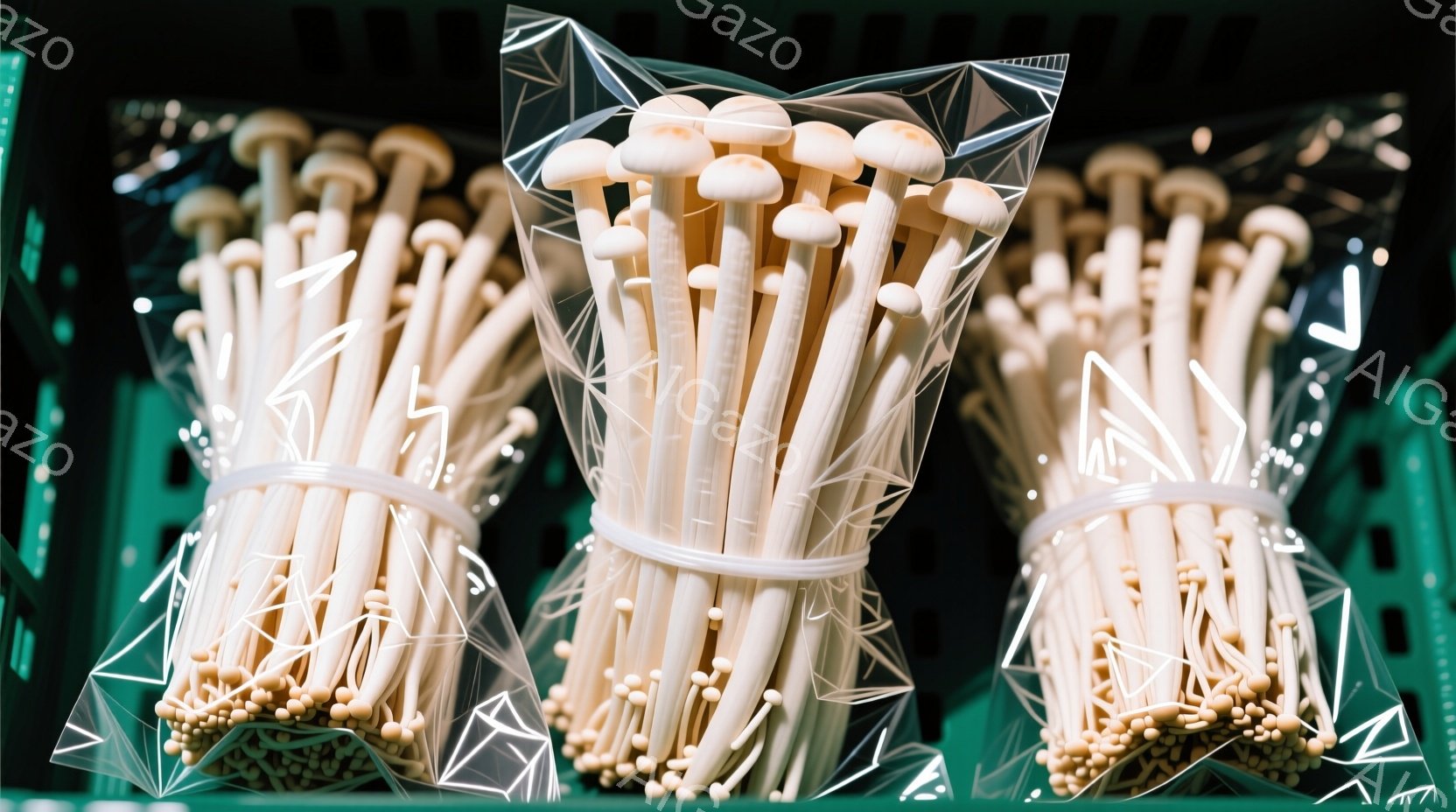 透明なプラスチック包装にまとめられた3つの白いエリンギの束が写っています。それぞれは白い紐で縛られており、背景は緑色のプラスチック製の棚のようになっています。全体的に清潔で新鮮な印象を与え、スーパーマーケットや食品市場の様子を彷彿とさせます。