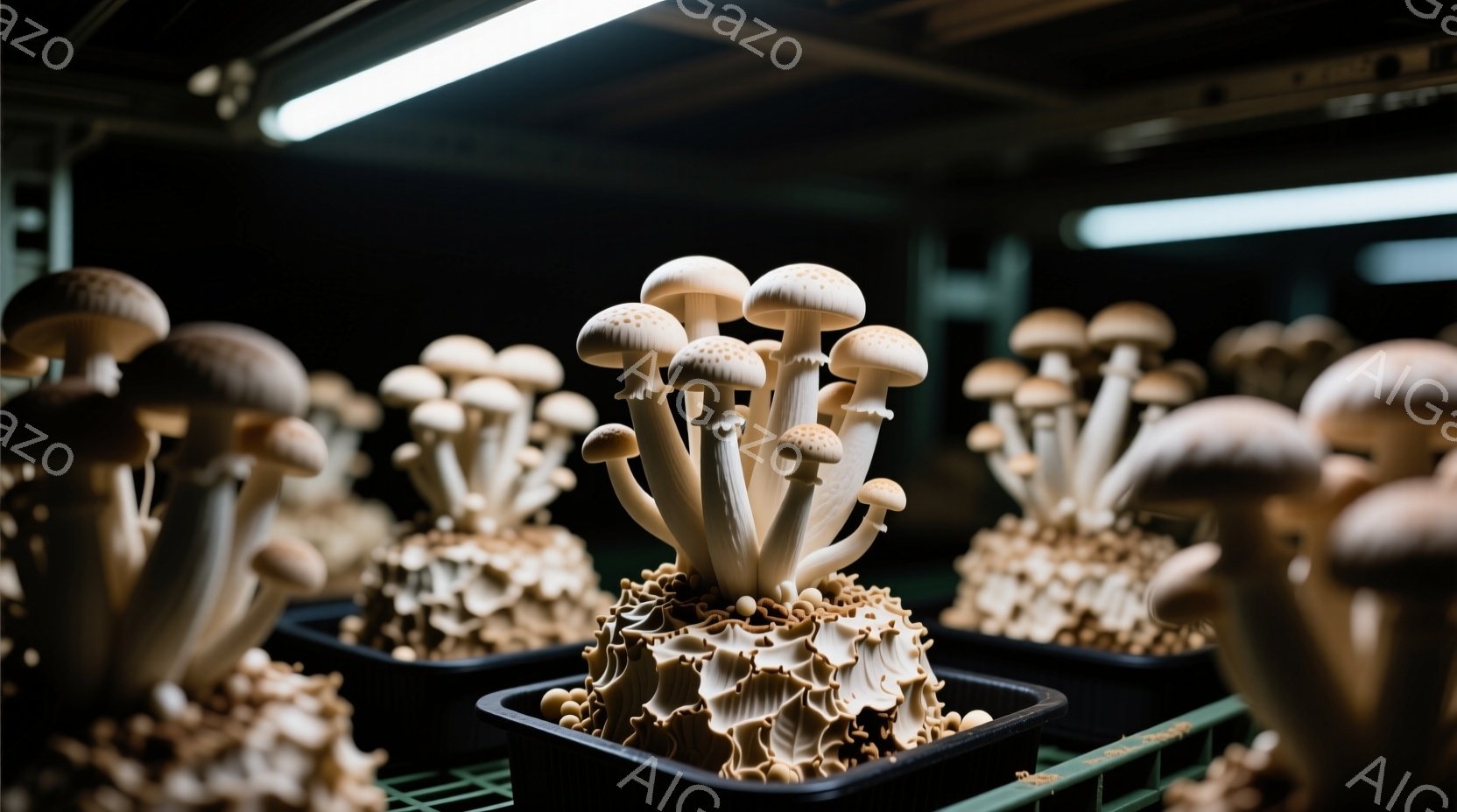 漆黒の背景に、黒いトレーに植えられたキノコが密集して並んでいます。中央のトレーには、白い傘を持つキノコが密集しており、他のトレーにはまだ成長途中のキノコの塊が見られます。照明が上から照らし、キノコの質感を強調し、屋内栽培の静かで集中した雰囲気を醸し出しています。