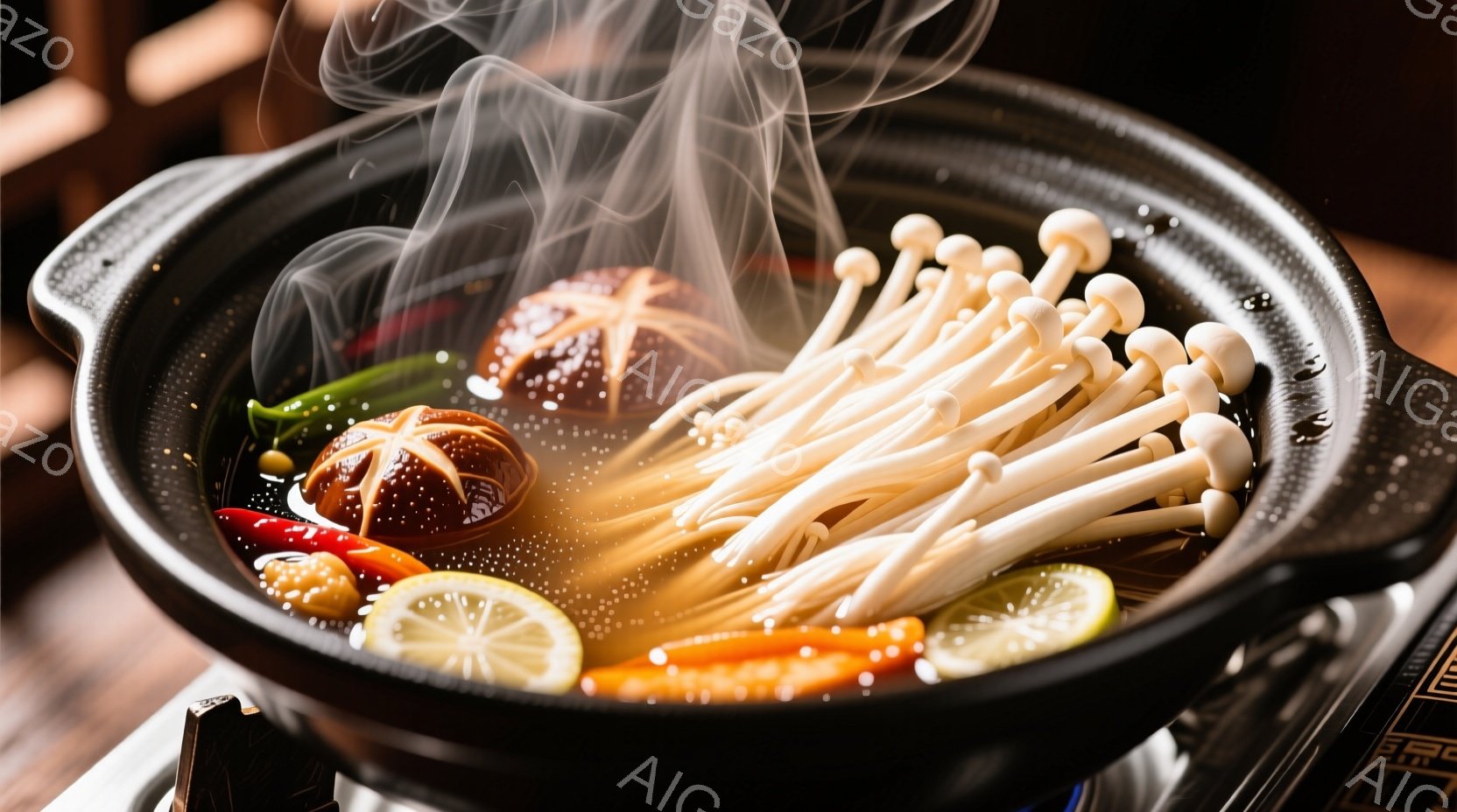 鍋料理が煮込まれている様子を捉えた写真です。白くて細長いきのこ、スライスされた唐辛子やレモン、そして茶色いキノコが熱いスープの中で湯気を上げ、鮮やかな色彩が食欲をそそります。背景は木製のテーブルトップで、温かく、家庭的な雰囲気が漂っています。