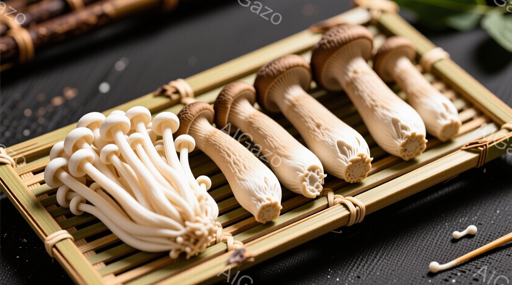 鮮やかな黒い背景に、竹製のざるに様々な種類のきのこが並べられています。左端には、密集した白いエノキタケ、中央には太いシメジ、そして右端には大きなマイタケが置かれています。全体的に清潔感があり、食欲をそそる、自然な雰囲気の食品写真です。
